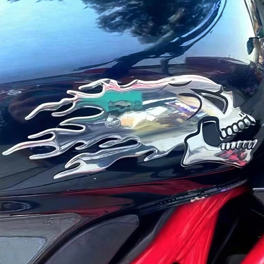 1 Pair Silver Skull Flame Soft Rubber Stickers, 3D Soft Rubber Craft, Strong Adhesion, Motorcycle Fuel Tank, Car, Electric Vehicle Exterior Decoration Accessories