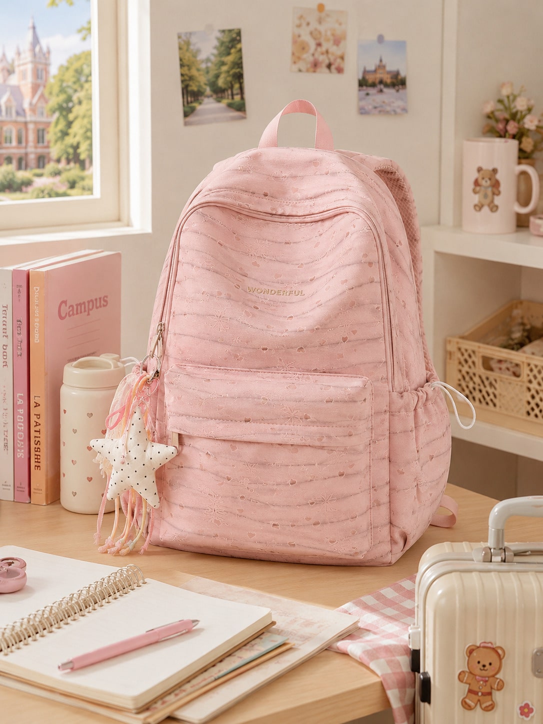 1 Set Bow & Heart Print Backpack With Cute Pendant, Waterproof & Dirt-Resistant Nylon, Large Capacity Compartment Storage, Casual School Backpack For Middle School, High School & College Students, Bac