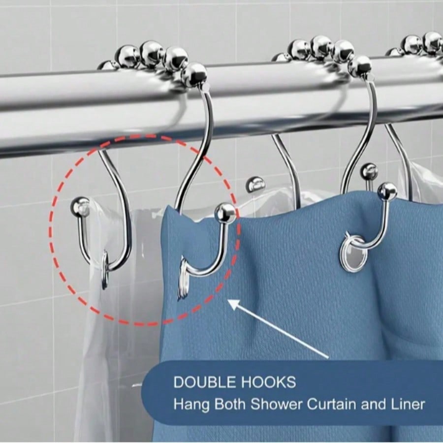 12/1pc Stainless Steel Double Roller Ball Hooks, Suitable For Bathroom- Rust-Proof, Smooth Sliding Double Rings, Suitable For Shower Curtains And Liners, Bathroom Shower Curtain Set, Bathroom Curtain