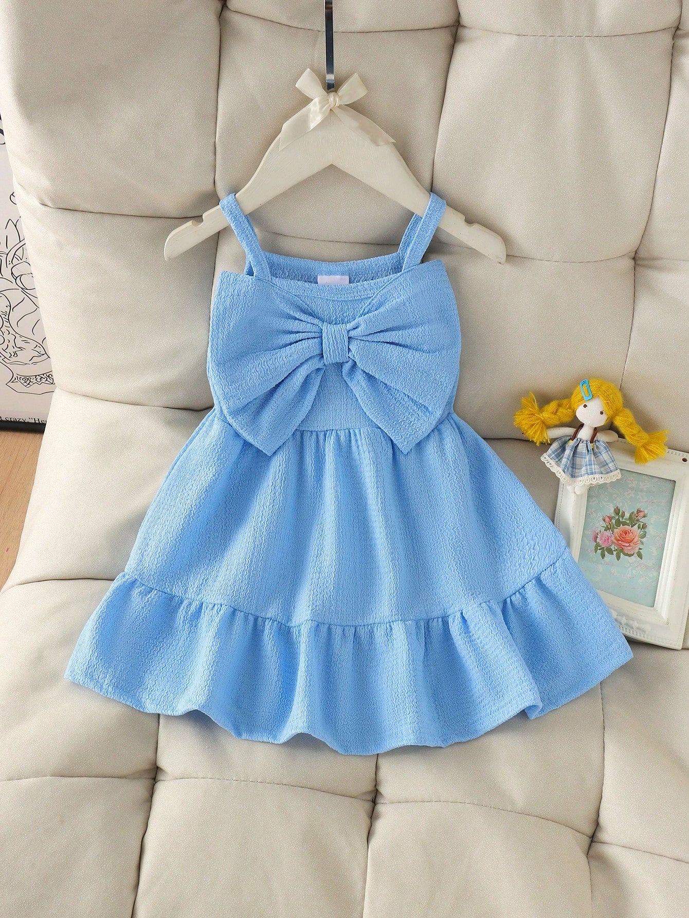 1pc Baby Girl Jacquard Fabric Tank Dress, Lightweight Summer Beach Vacation Style