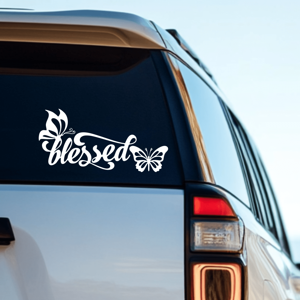1pc Blessed With Butterflies Vinyl Car Sticker, Inspirational Christian Faith Decal For Car Rear Window, Waterproof Removable Elegant Cursive Lettering Decorative Sticker For Sedan SUV Van, Delicate B