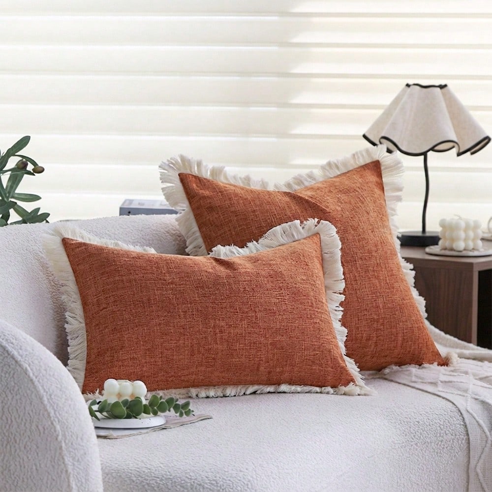 1pc Bohemian Style Solid Orange Faux Linen Tassel Trim Autumn Throw Pillow Cover, Modern Farmhouse Decor Cushion Case For Sofa Bed Living Room (30x50cm/45x45cm, Insert Not Included)