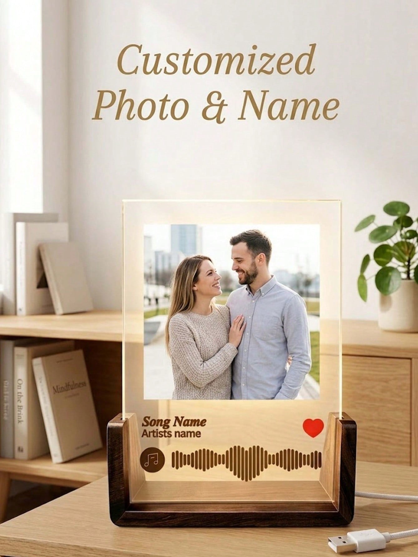 1pc Custom Photo & Song LED Music Night Light With Wooden Base,Personalized Acrylic Plaque Gift For Decor Couples,Valentines,Anniversary, Christmas,Housewarming,Birthdays,Weddings,Mother's Day,Father'
