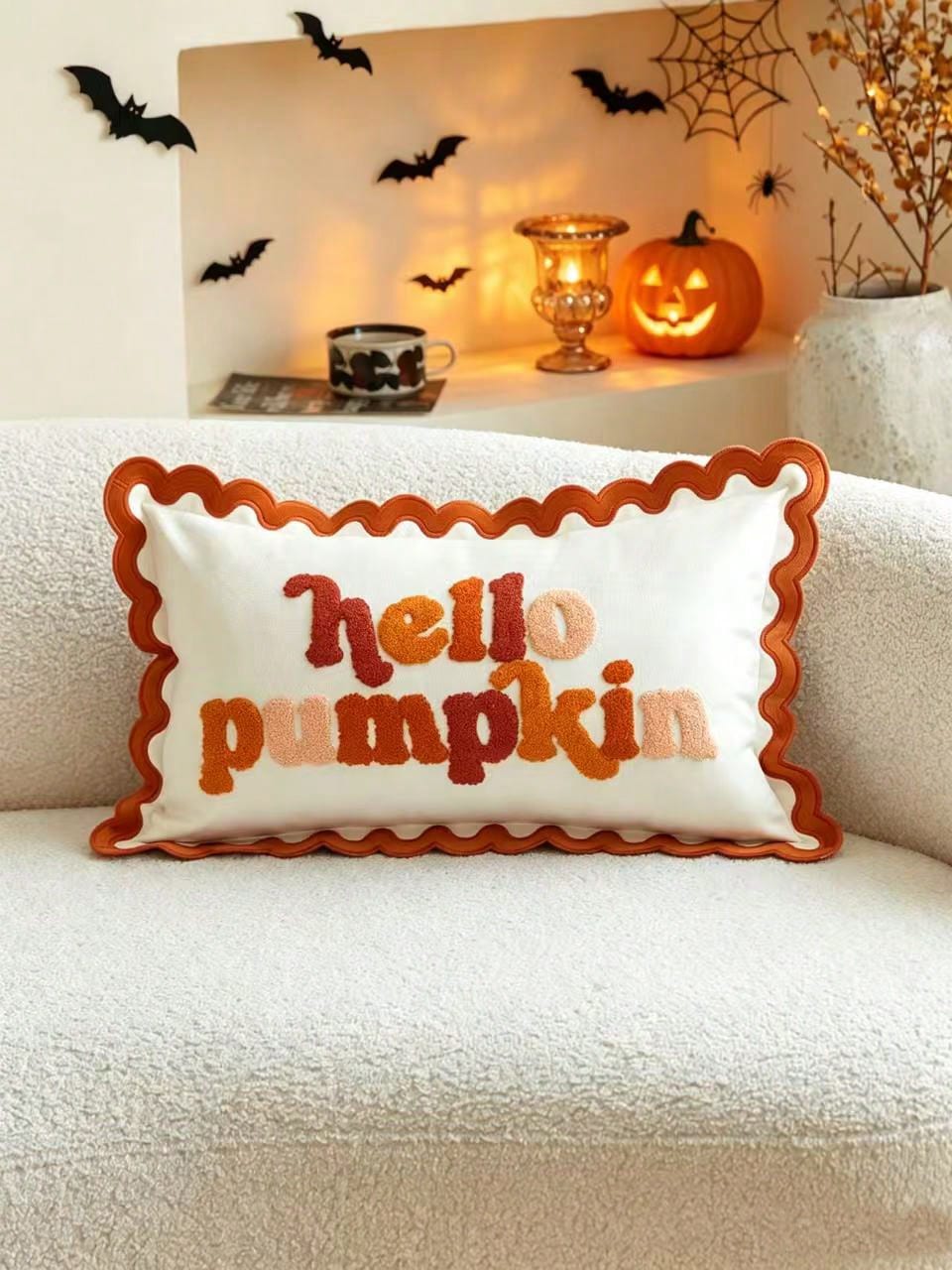 1pc Halloween Thanksgiving Ruffle Edge Letter 3D Plush Towel Hello Pumpkin Embroidered Pillowcase, Suitable For Bedroom, Living Room, Sofa, Daily Use, Party And Various Occasions