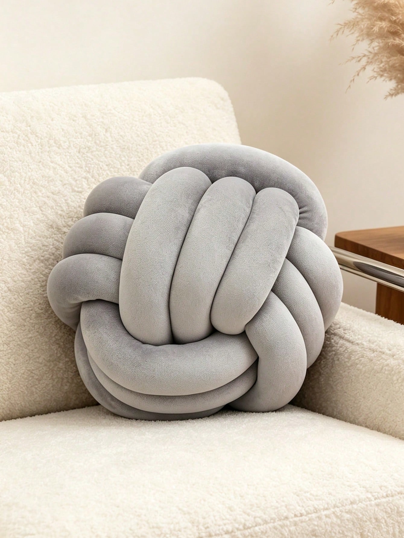 1pc Solid Color Versatile Handmade Three-Strand Knotted Ball, Decorative Pillow, Sofa Coffee Table Decor Ornament, Bedroom Bedside Decorative Pillow, 3 Sizes Available, Light Gray