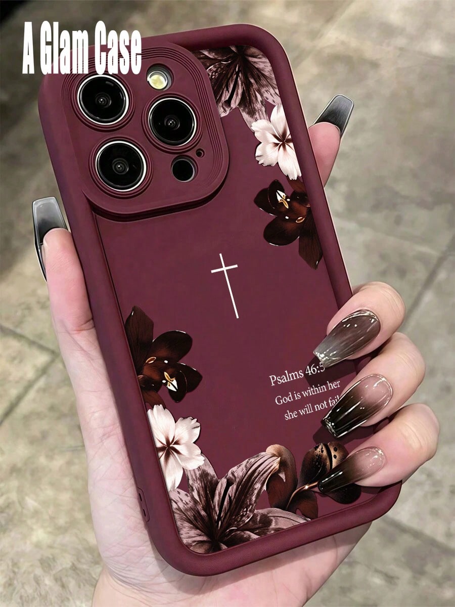 1pc Vintage Floral & Faith Cross Print Burgundy Frame Phone Case, Soft TPU Cover, With For IPhone17Promax/16/15/13/14/12/11Promax, Perfect Gift For Mother's Day, Family Gatherings, Birthday Parties