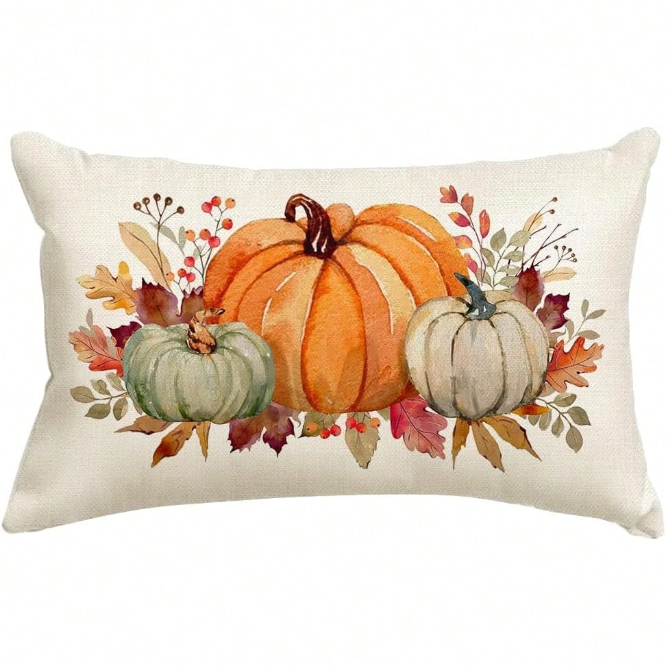 1PC Watercolor Autumn Pumpkin And Maple Leaf Lumbar Pillow Cover, Autumn Harvest Berry Floral Rectangular Pillow Cover, Linen-Feel Thanksgiving Country-Style Decorative Pillow Cover, Suitable For Sofa