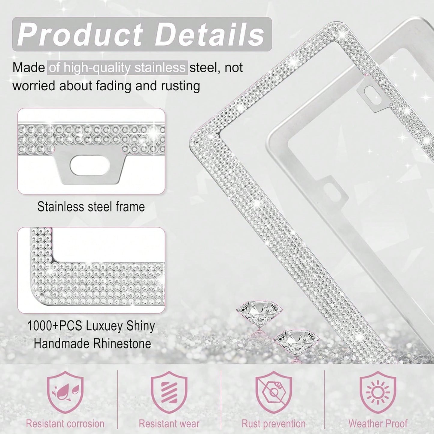 1PCS Bling License Plate Frame For Women, Rhinestone Bow Car License Plate Holder,Handmade Glitter Crystal Diamond Lincense Plate Cover