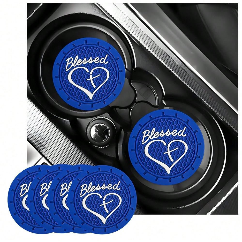 2 PCS Car Cup Holder Coasters, 2.76 Inch Anti Slip Vehicle Drink Mats With Cute Blessed Cross And Heart, Shockproof, Universal Car Acce