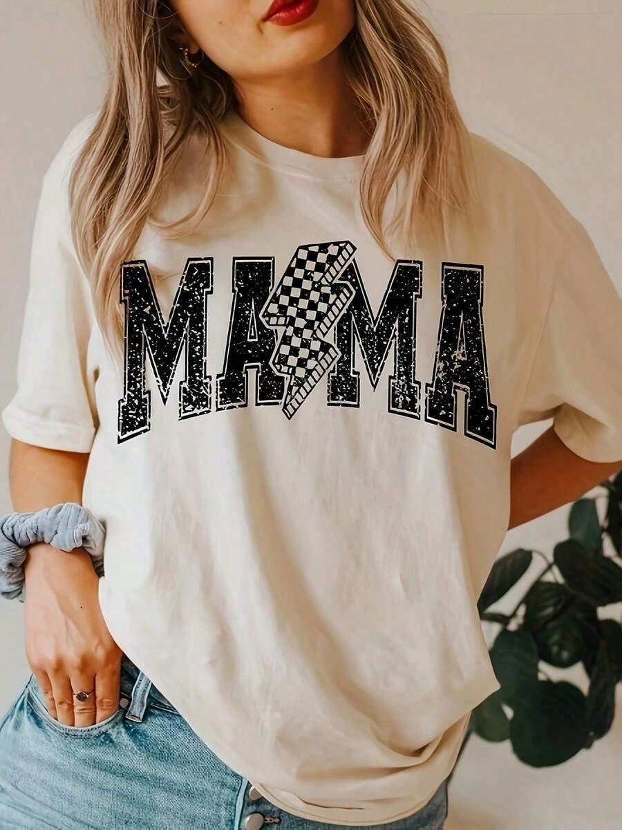 2026 Tops For Women Vintage 'MAMA' Mom T-Shirt,White Letter Print, Suitable For Fashionable American Moms In All Seasons