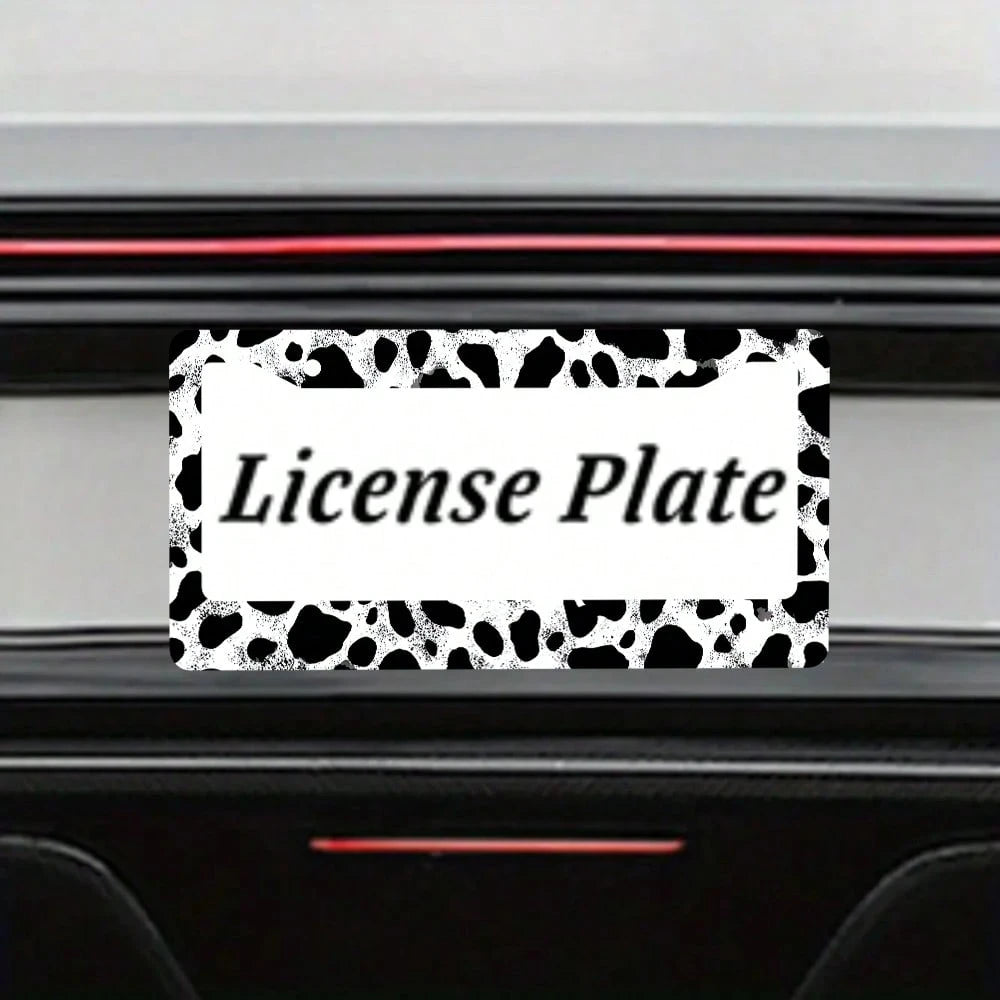2pc Black White Cow Print 2 Hole License Plate Frame Aluminum Material 6x12 Inches With Screw Set Cartoon Funny Car Decoration Standard US License Plate Size
