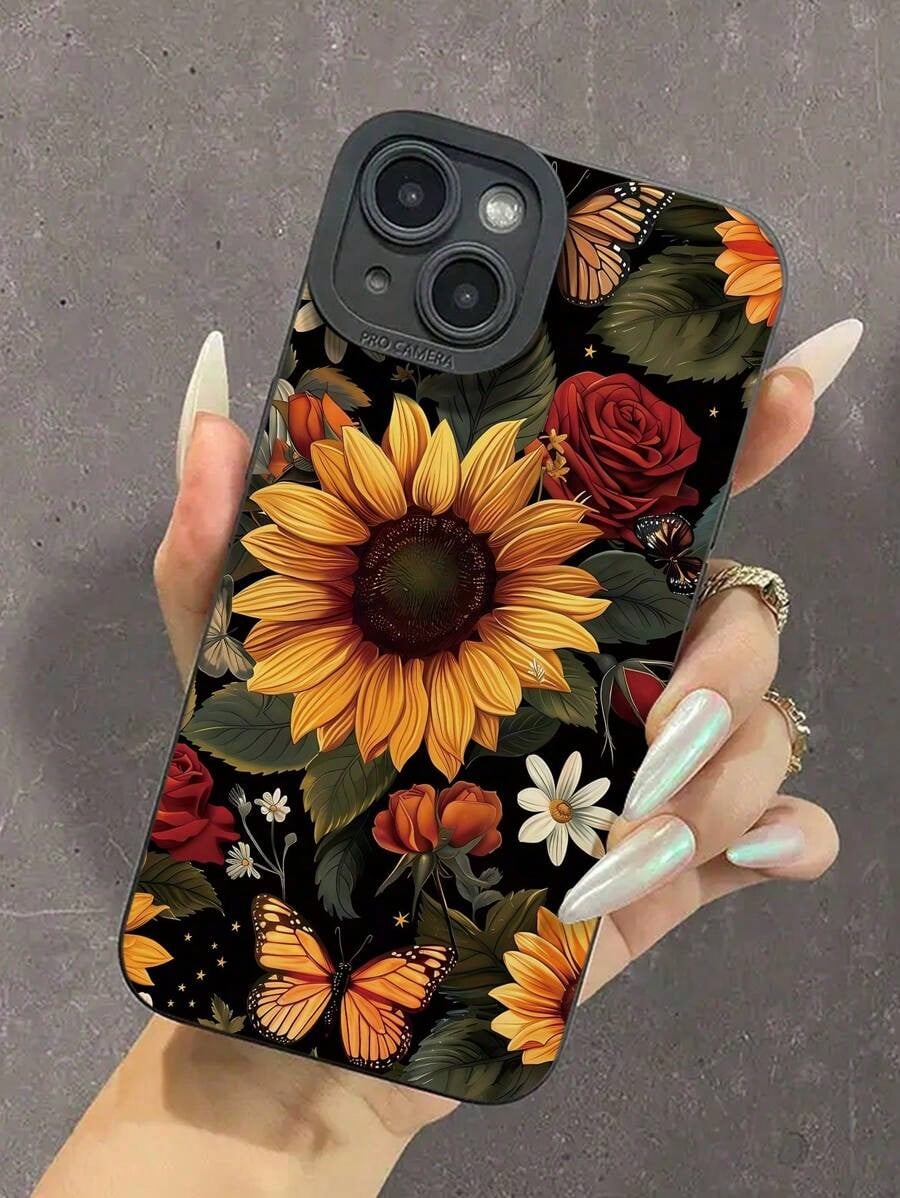 2pc Minimalist Sunflower Rose Butterfly Print Soft Phone Case, Compatible With IPhone 7/7p/X/Xs/Xr/Xmax/11/11pro/11promax/12/12pro/12promax/13/13pro/13promax/14/14pro/14plus/14promax/15/15pro/15plus/1