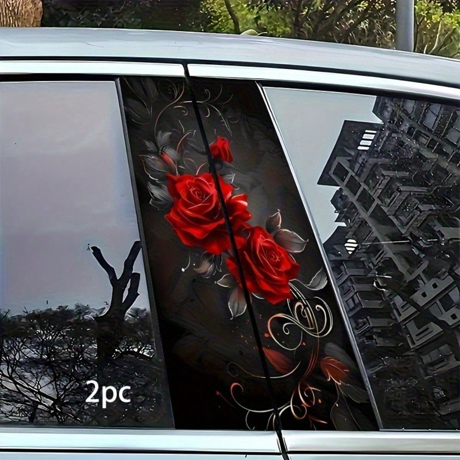 2Pcs Red Rose Car Pillar Stickers, Waterproof Scratch Resistant Self Adhesive Glossy Vinyl Car Door Decor Decals, Come With Foam Column Protection For Transportation