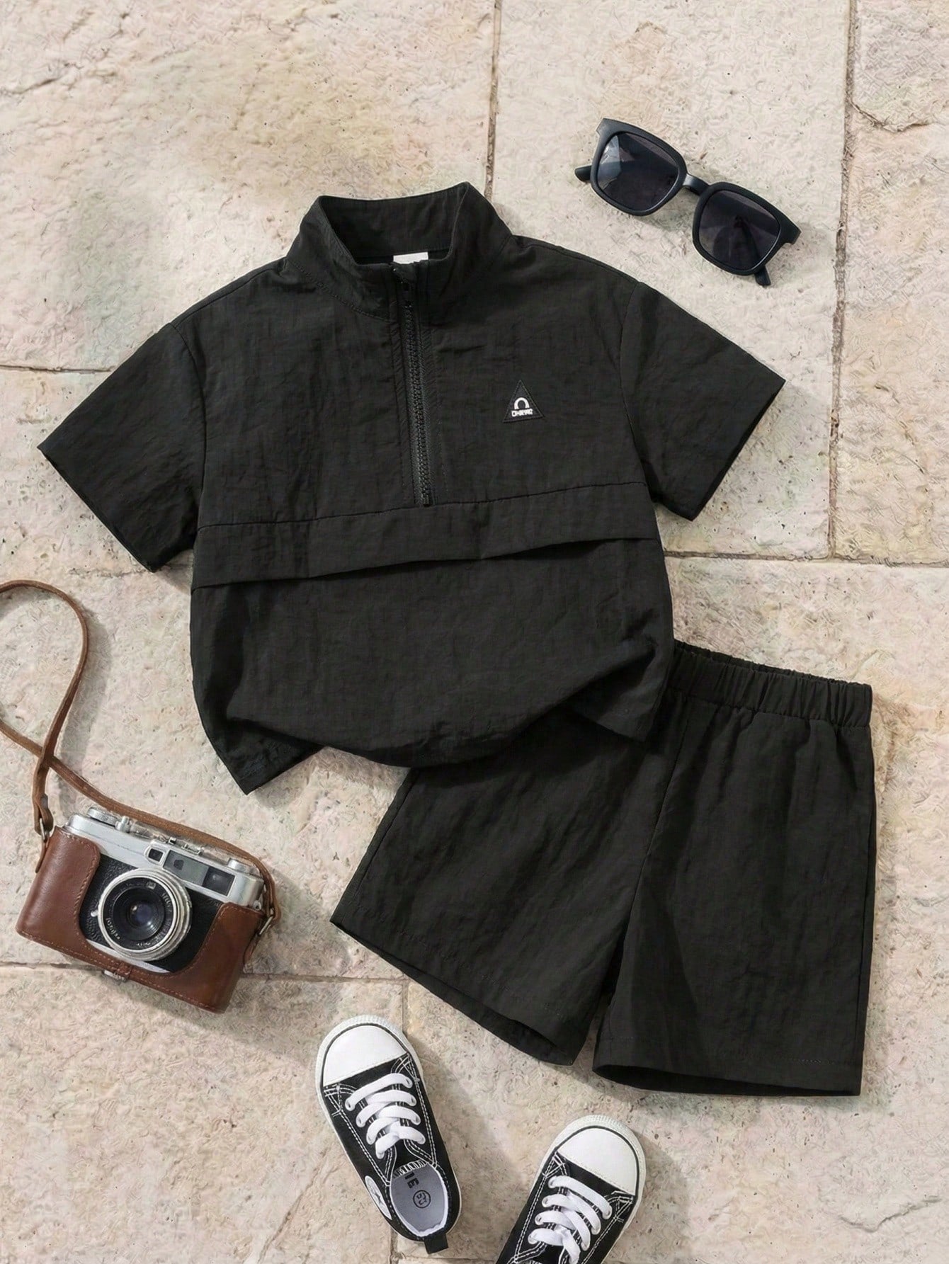 2pcs/Set Baby Boy Casual Korean Style Black Collared Tee And Elastic Waist Shorts Set,Summer Outfit Shirt Boys Short