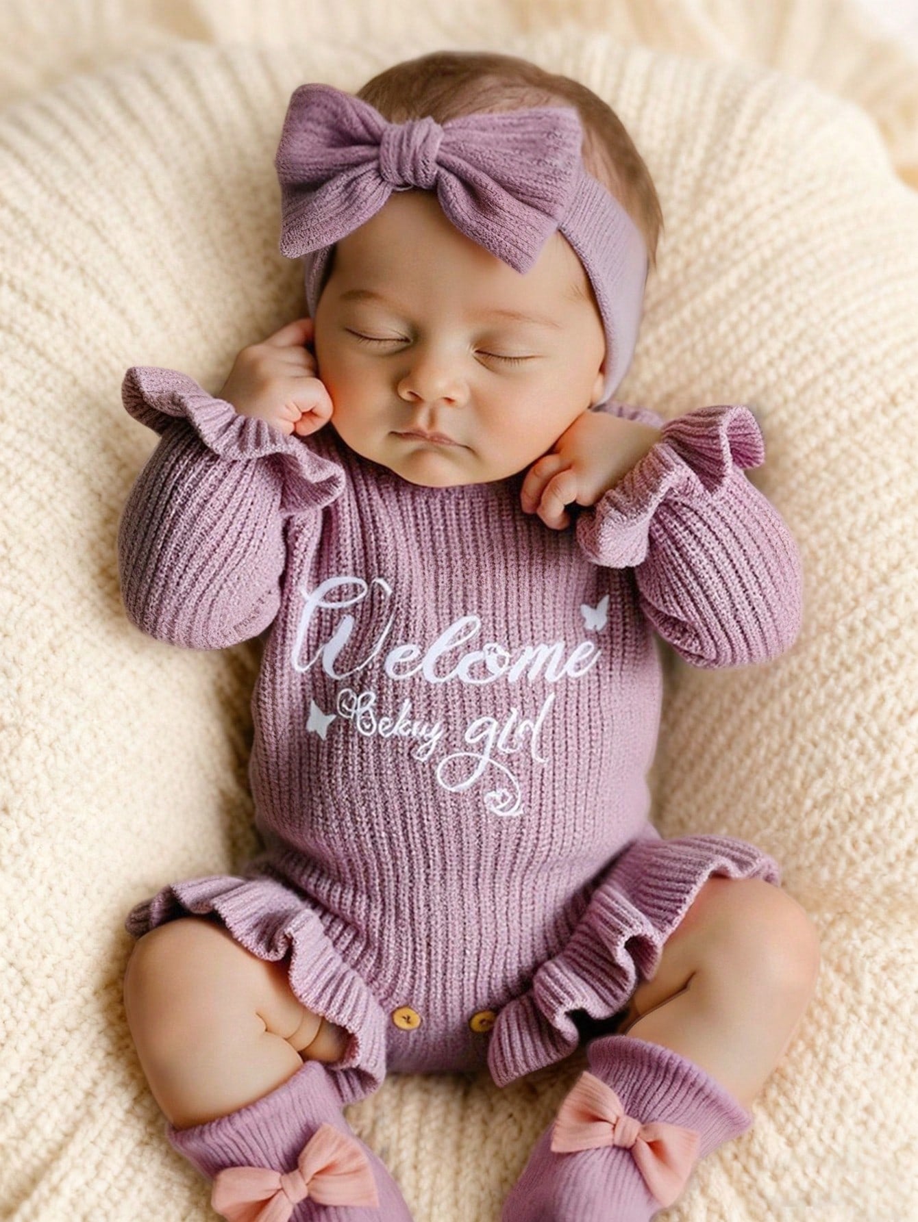 2Pcs Set Knitting Newborn Ruffle Romper With Bow Headband Butterfly "Welcome" Embroidery Newborn Baby Photography Outfits