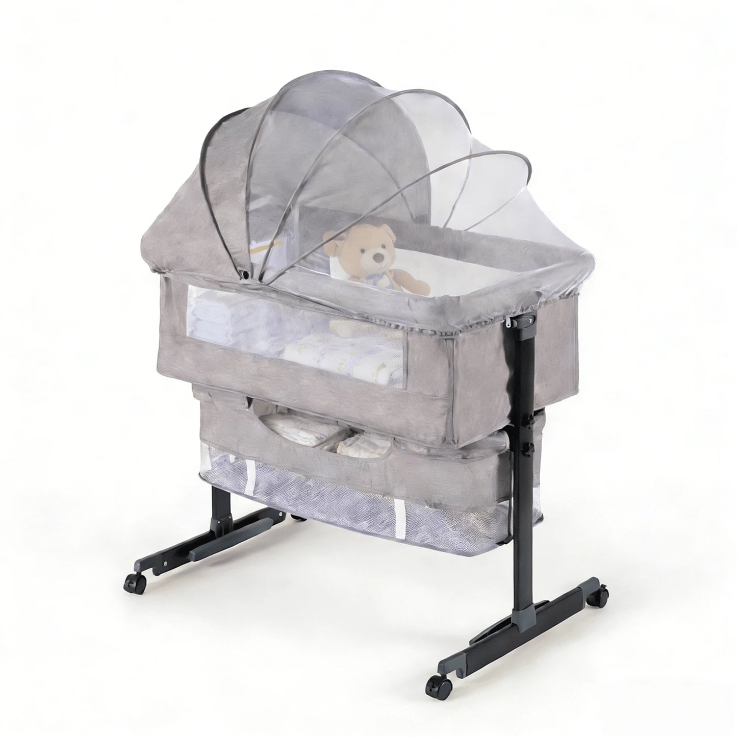 3-In-1 Baby Bassinet, Adjustable Bedside Bassinet With Comfy Mattress, Wheels, 6 Height Levels, Easy Folding Portable Crib For Newborns