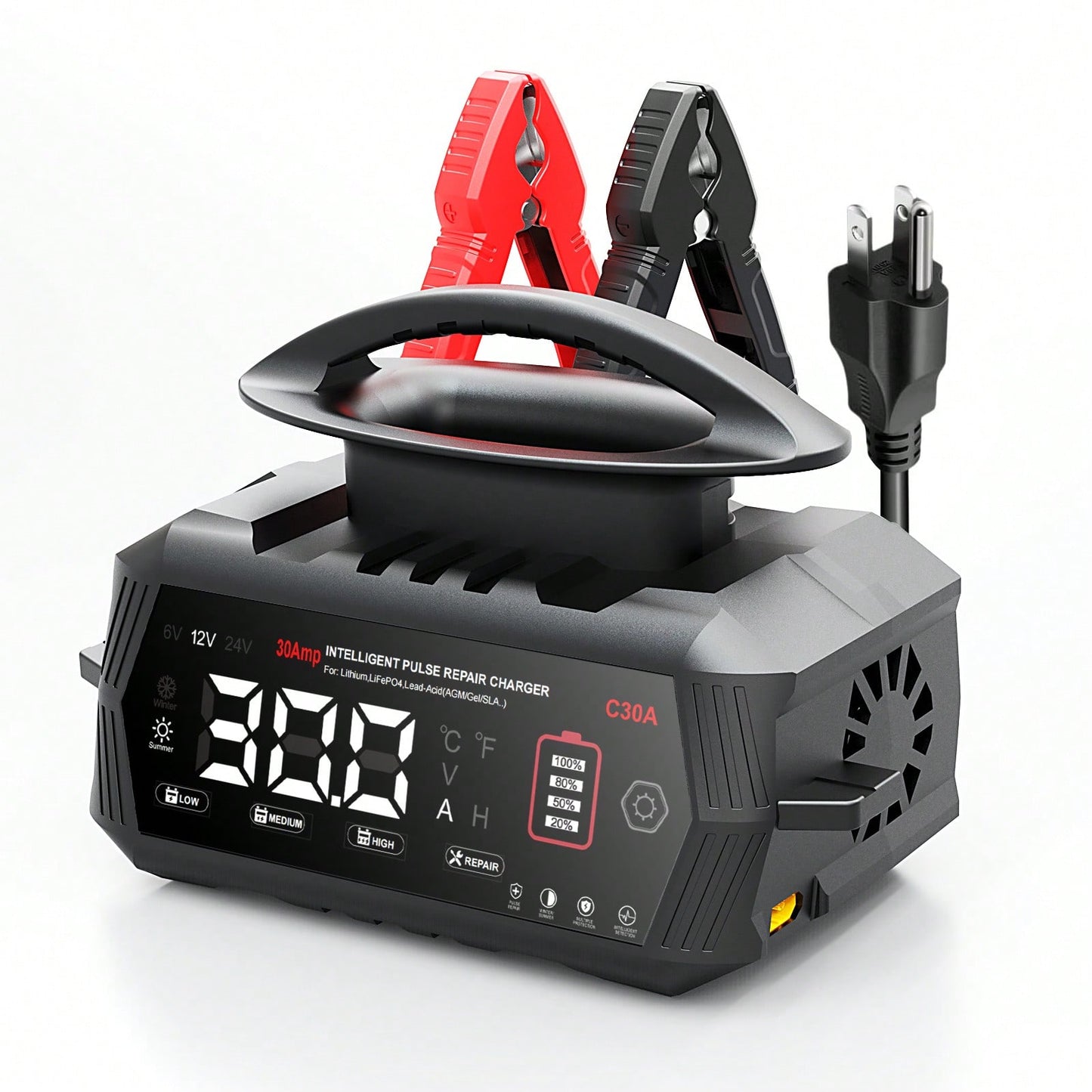 30Amp Smart Car Battery Charger, 12V/24V Automotive Charger, Lead-Acid Battery, LiFePO4 Battery Maintainer With LCD Display, Trickle Charger, For Lawn Mower, Motorcycle, AGM, STD, Gel, EFB,Etc
