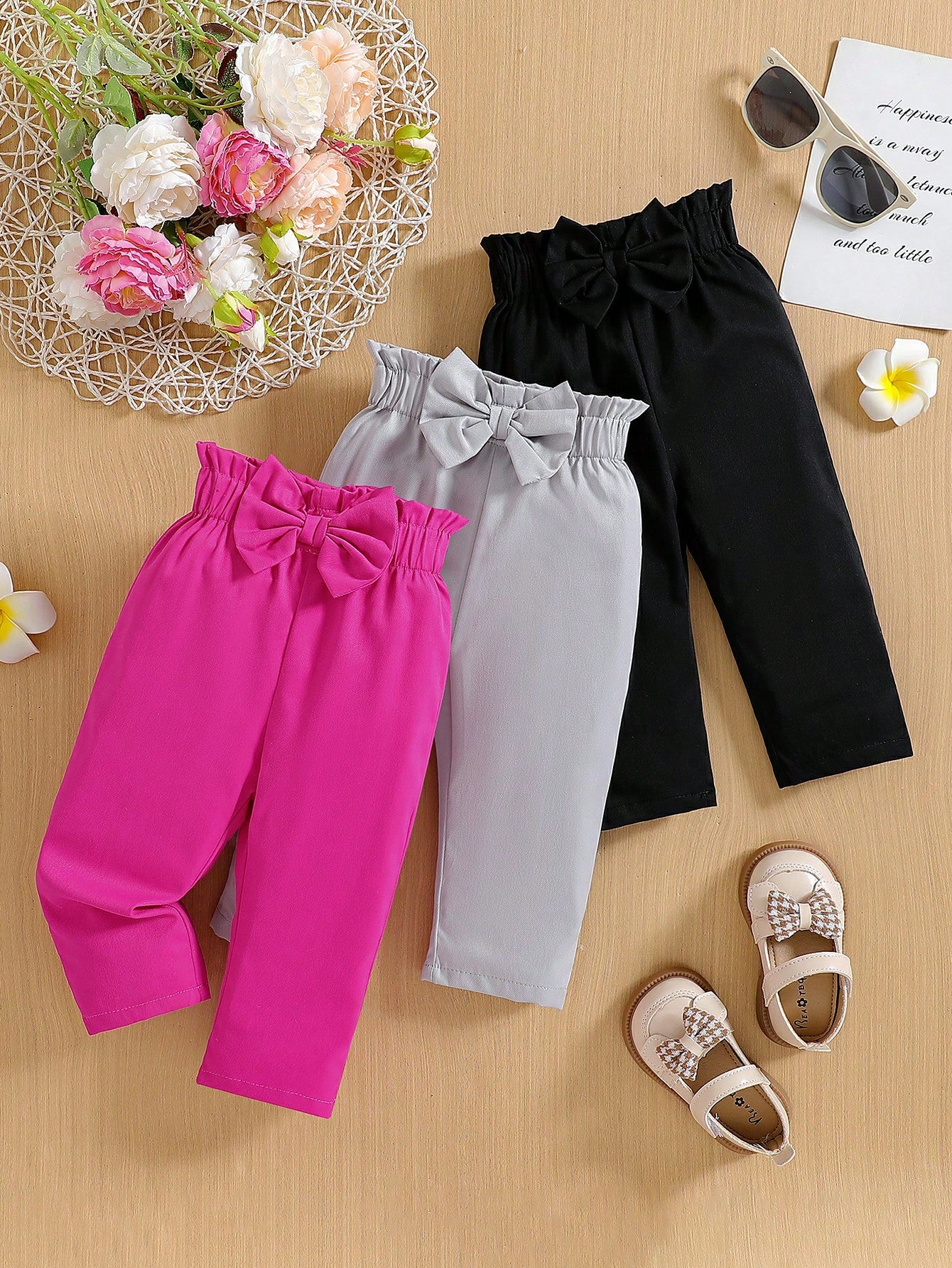 3pcs Baby Girls' Solid Color Bowknot Accent Straight Leg Pants, Suitable For Casual Outings, Spring/Autumn Holiday Travel Summer Relax