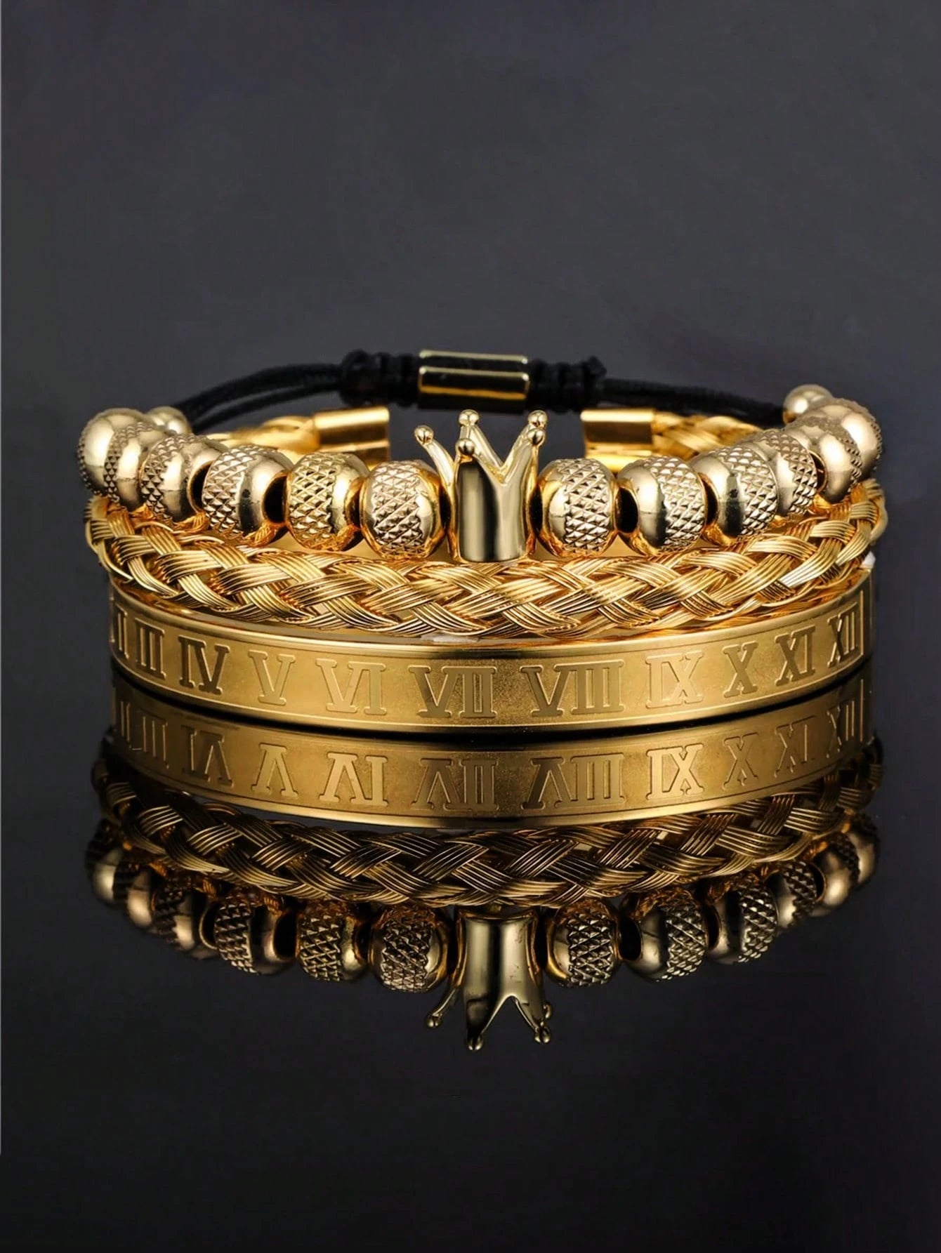 3pcs/Set Men's Pineapple Bead, Leopard Head Braided, Zirconia Stainless Steel Bracelets
