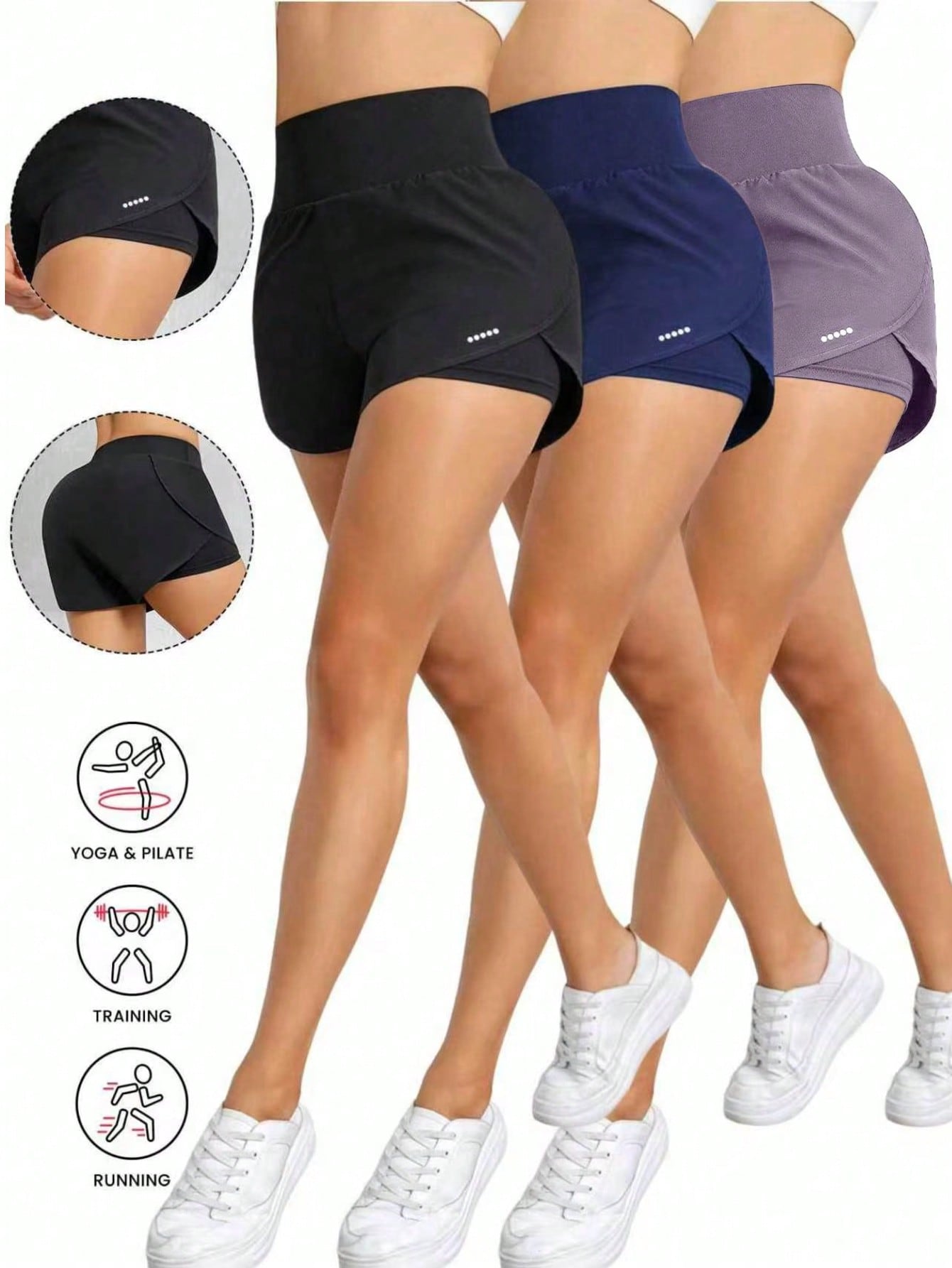 3pcs/Set Women's Sports Yoga Shorts, High Waist Comfortable Fit, Loose Running Fitness Shorts, Breathable Quick-Drying Fabric, Athletic Style