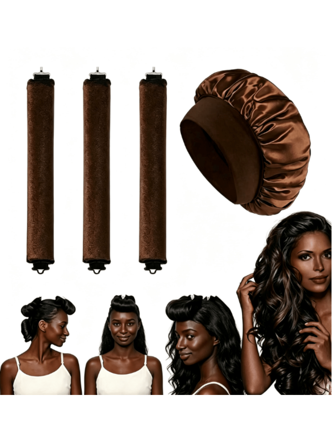 4-Piece Curly Hair Set: 1 Wide-Brim Satin Sleep Cap, 3 Heatless Curlers, Classic Casual Women's Solid Color Elastic Soft Cap, Heatless Overnight Curls, Effortlessly Create Curly Hair, Suitable For All