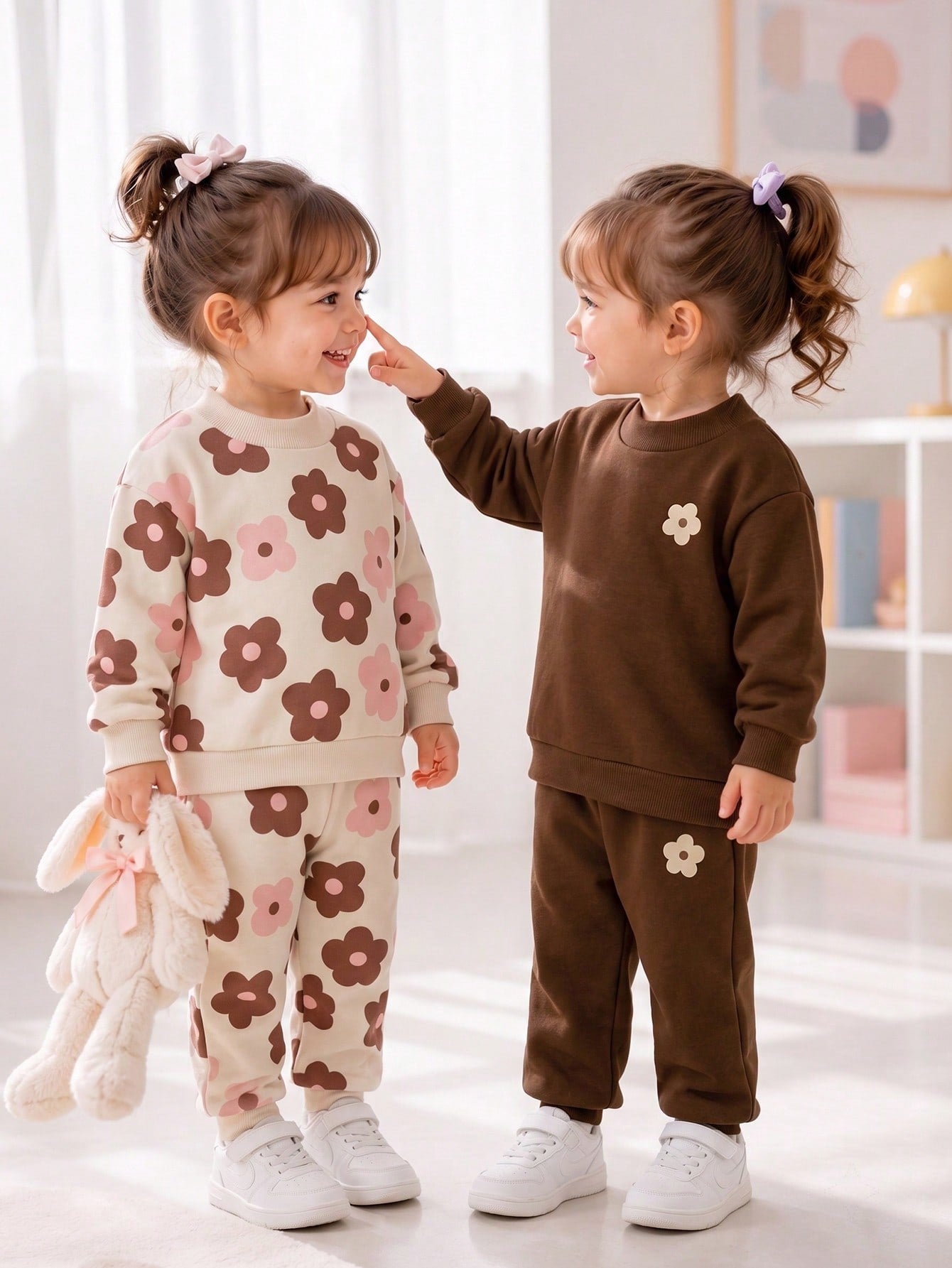 4PCS Baby Girls Infant Toddler Cute Flower Print Long Sleeve Crew Neck Soft Thick Sweatshirt Pants Set Outfit Back To School Fall Winter