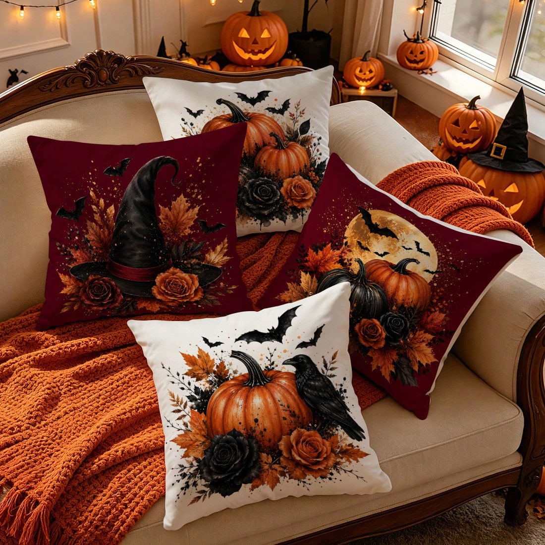 4pcs Halloween Pumpkin & Bat Pattern Single-Sided Printed Pillow Covers/Cushion Covers, Multi-Scene Atmosphere Decor Pillow Covers Suitable For Living Room, Sofa, Bedroom, Pillow Inserts Not Included