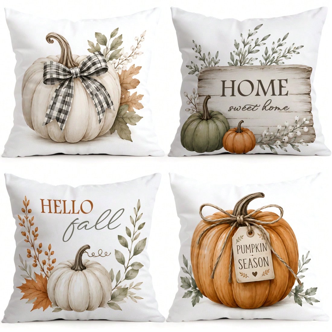 4pcs Plaid Bow White Pumpkin Gentle Autumn Pattern Pillow Covers, Single-Sided Printed Pillow Covers, Suitable For Living Room, Bedroom, Home Decor, All-Season Pillow Covers