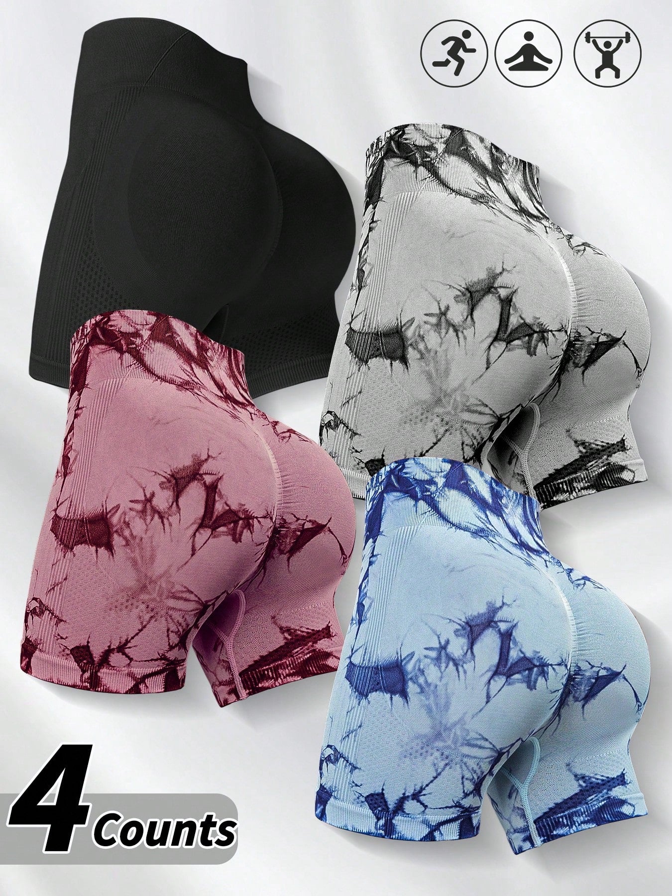 4pcs Women Seamless Tie-Dye Yoga Shorts, Versatile For Outdoor Climbing, Daily Wear, Gym, Workout, Sports Summer