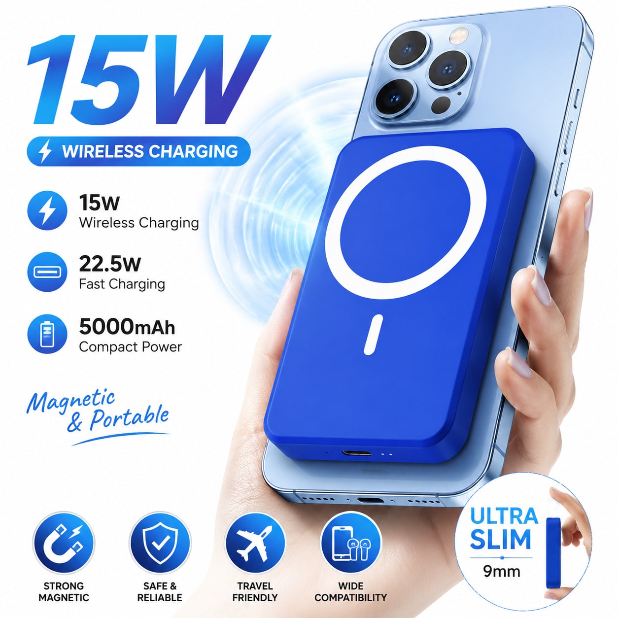 5000mAh MagSafe Magnetic Wireless Power Bank 15W Wireless Charging 22.5W Fast Wired Charging Ultra Slim Portable Charger Compatible With IPhone 17 Pro Max 17 Pro 17 16 Pro Max 16 Pro 16 15 Pro Max 15