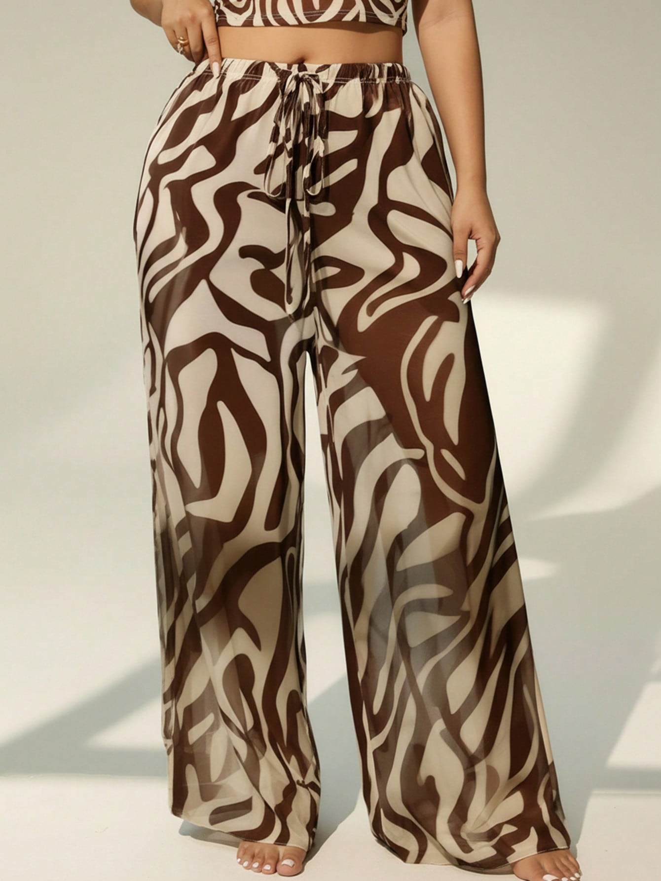 Auralis Plus Size Summer Casual Vacation Beach Sheer Allover Print Cover-Up & Pants Set