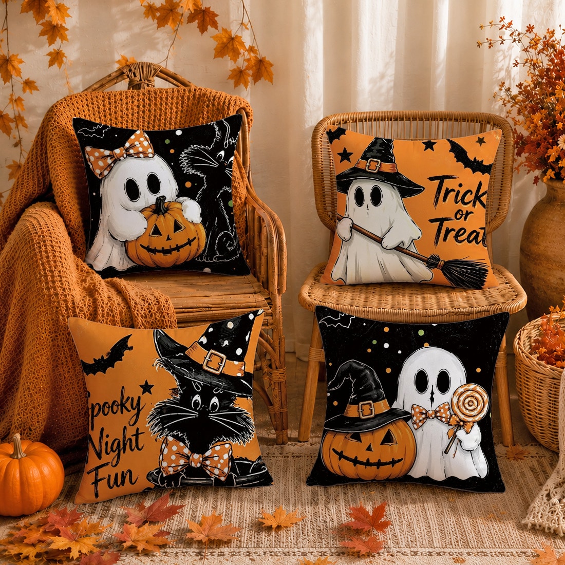 Autumn Halloween Orange & Black Pumpkin, Ghost, Black Cat Cushion Cover 4pcs Set, Single-Sided Printed Peach Skin Polyester Material, 45*45CM/18*18inch Pillow Covers Suitable For Room Decoration, Mode