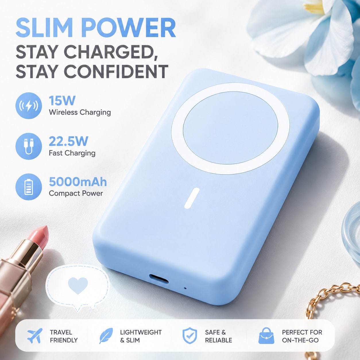 Back To School Supplies 5000mAh Magnetic Wireless Power Bank 15W Magnetic Charging 22.5W Wired Fast Charging Slim Portable Charger Dual Device Charging Strong Adsorption Case Friendly Cable Free Charg