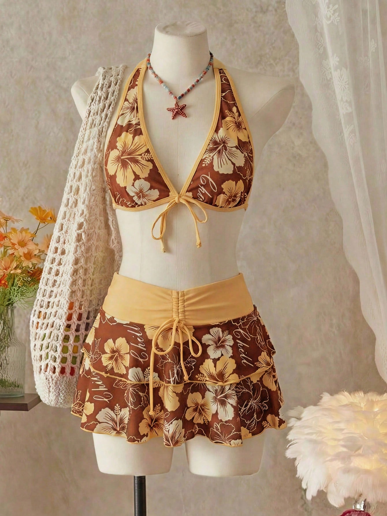 Bellisia Women's Summer Beach Music Festival Flower Pattern Skirt Halter Casual Vacation Style Bikini 3 Pieces Set