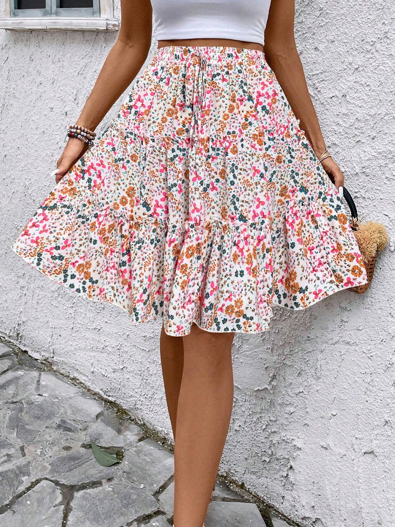 Breezaya Women's Fresh Ditsy Floral Print Ruffle Trim Skirt (Random Print)
