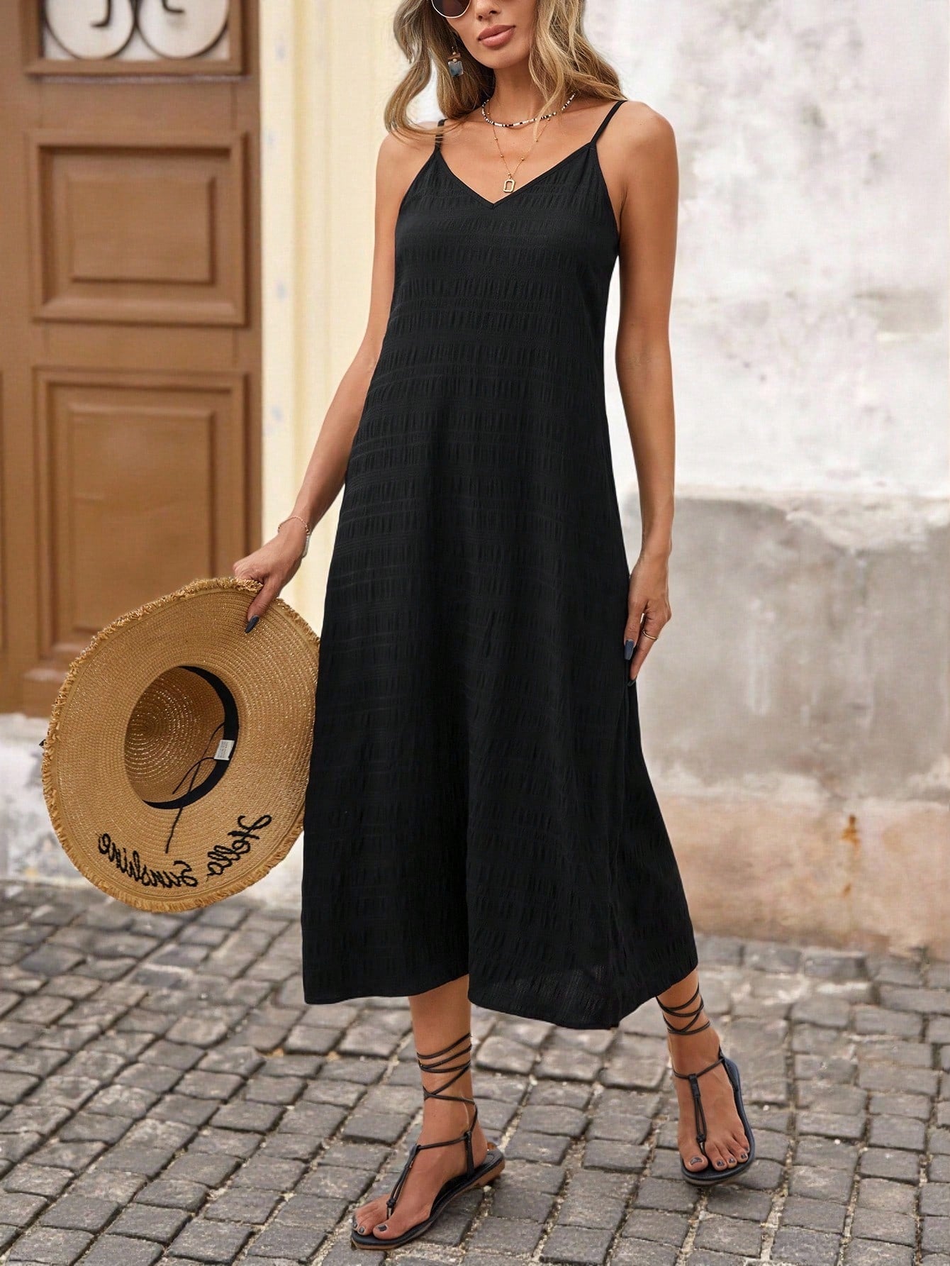 Brillora Solid Color Woven Spaghetti Strap Textured Fabric Midi Dress, Great For Vacation