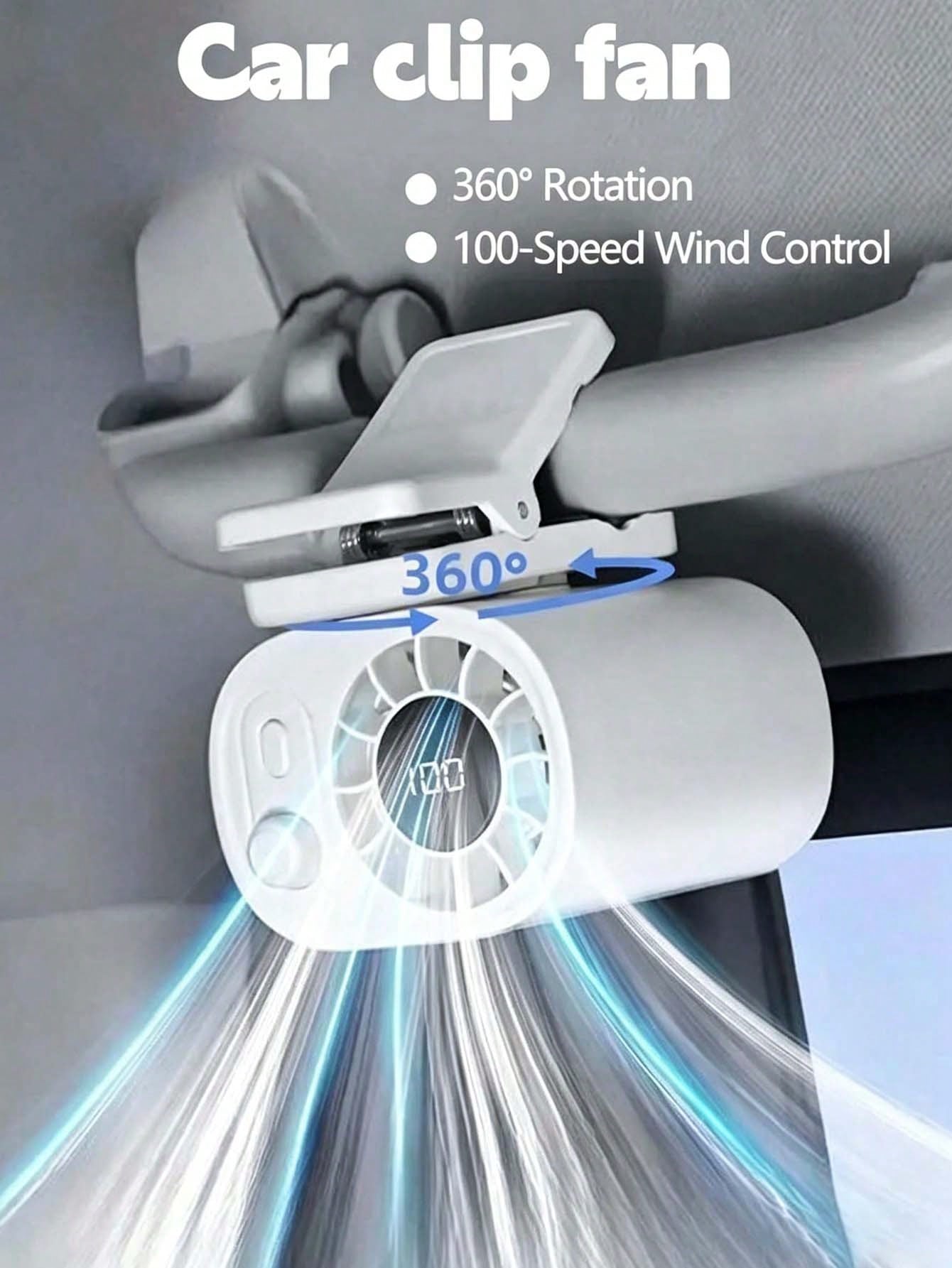 Car Clip On Fan With LED Display, 1200mAh Backseat Fan, USB Rechargeable Powerful Cooling Fans, 360° Rotation, 100 Speeds Adjustable, Clip On Fans For Car, Car Accessories