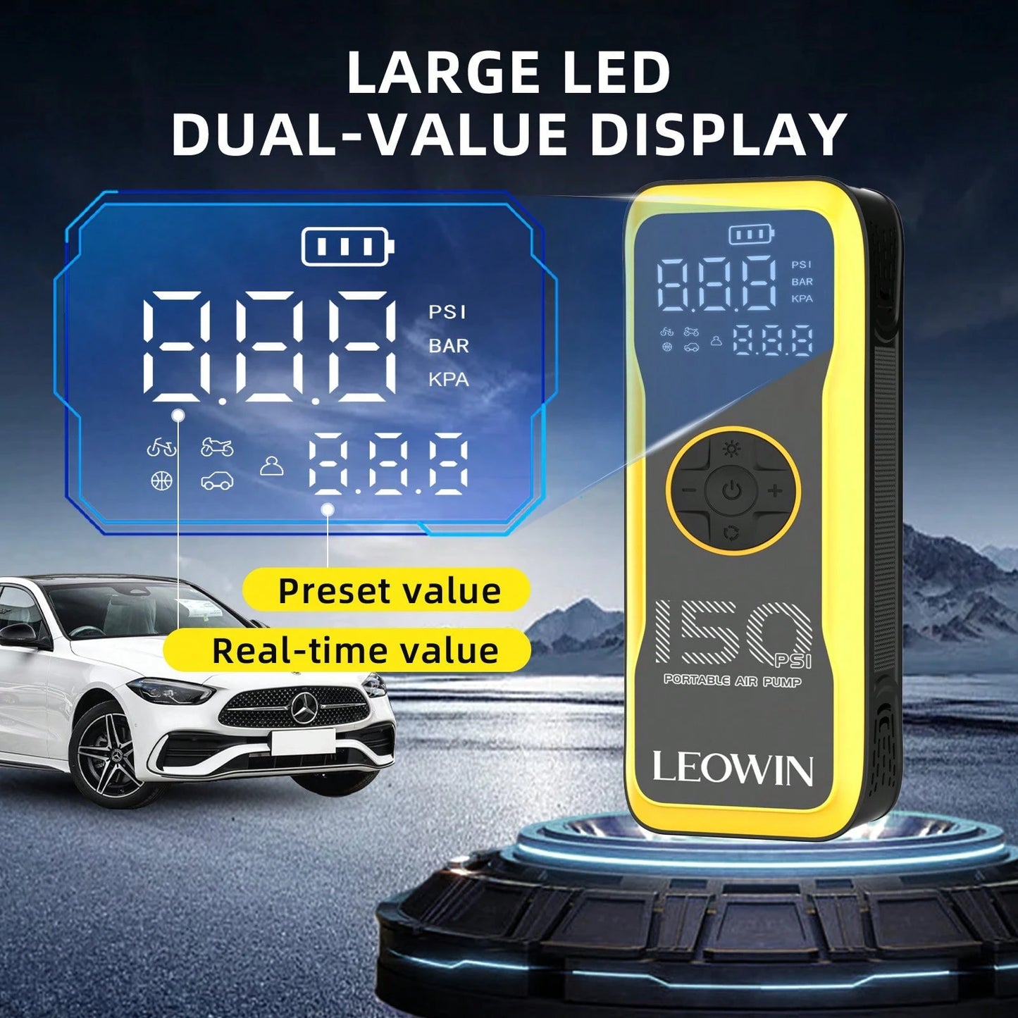 Cordless Tire Inflator, Portable Air Compressor With Auto-Shutoff, Rechargeable Air Pump With 2000mAH*2 Battery, 12V Car Power Adapter, Dual-Use Type, Car Tires Pump With Digital Pressure Gauge/LED Li
