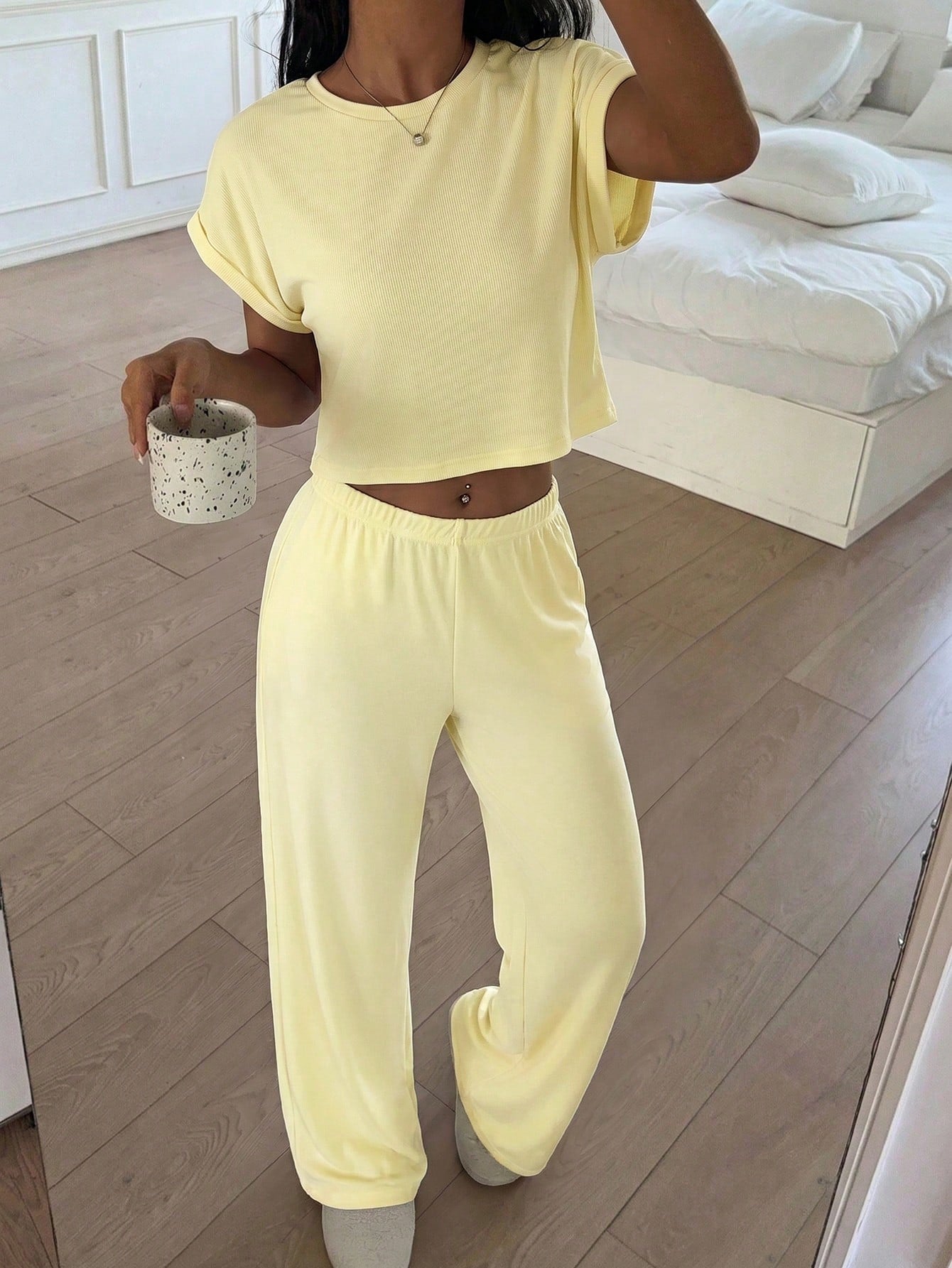 CovetEZ Pale Yellow Knit Women's Loungewear Set, Minimalist Casual Daily Top And Pants,Vacation Outfits Women Lounge Summer