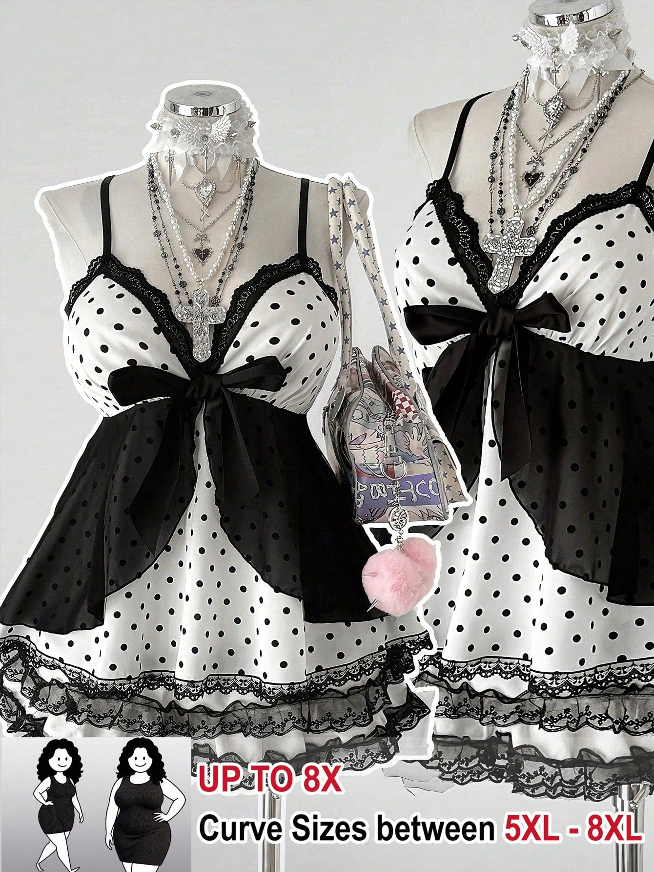 CURVE+ Plus Size Elegant Polka Dot Camisole With Bow, Suitable For Spring/Summer Vacation
