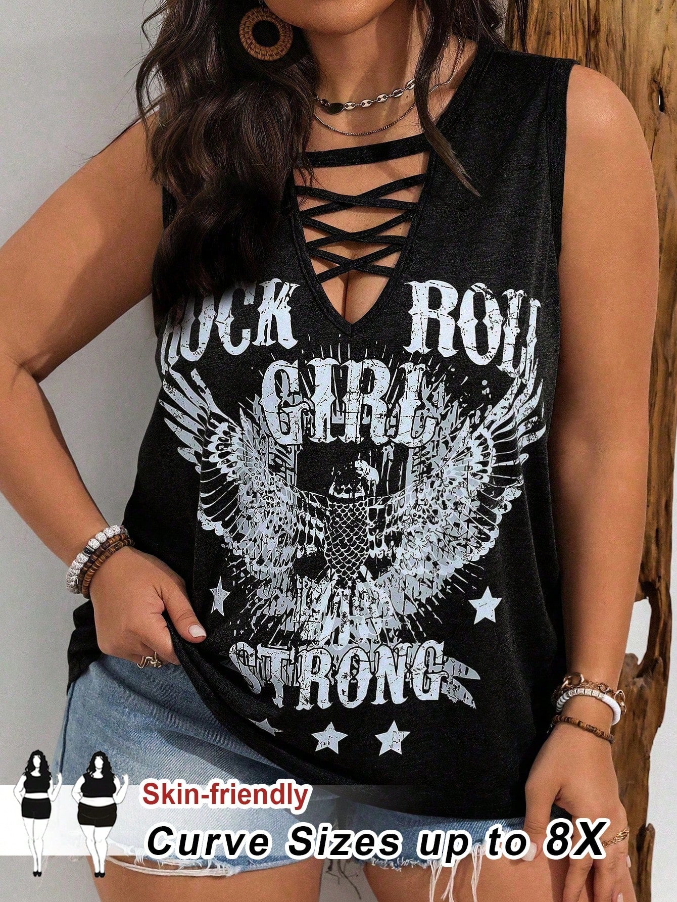 CURVE+ Plus Size Women Letter Wing Print Casual Rap Ravers Elegant Rap Ravers Tank Top Concert Black And White Summer Concert