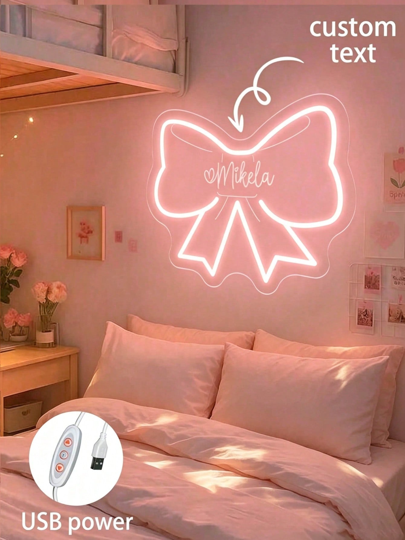 Custom Bow Neon Light Sign Girl Bedroom Decor, Pink Bedroom Decoration, Personalized Birthday, Christmas Party Decoration Gift, Size: 13.19"H*11.02"