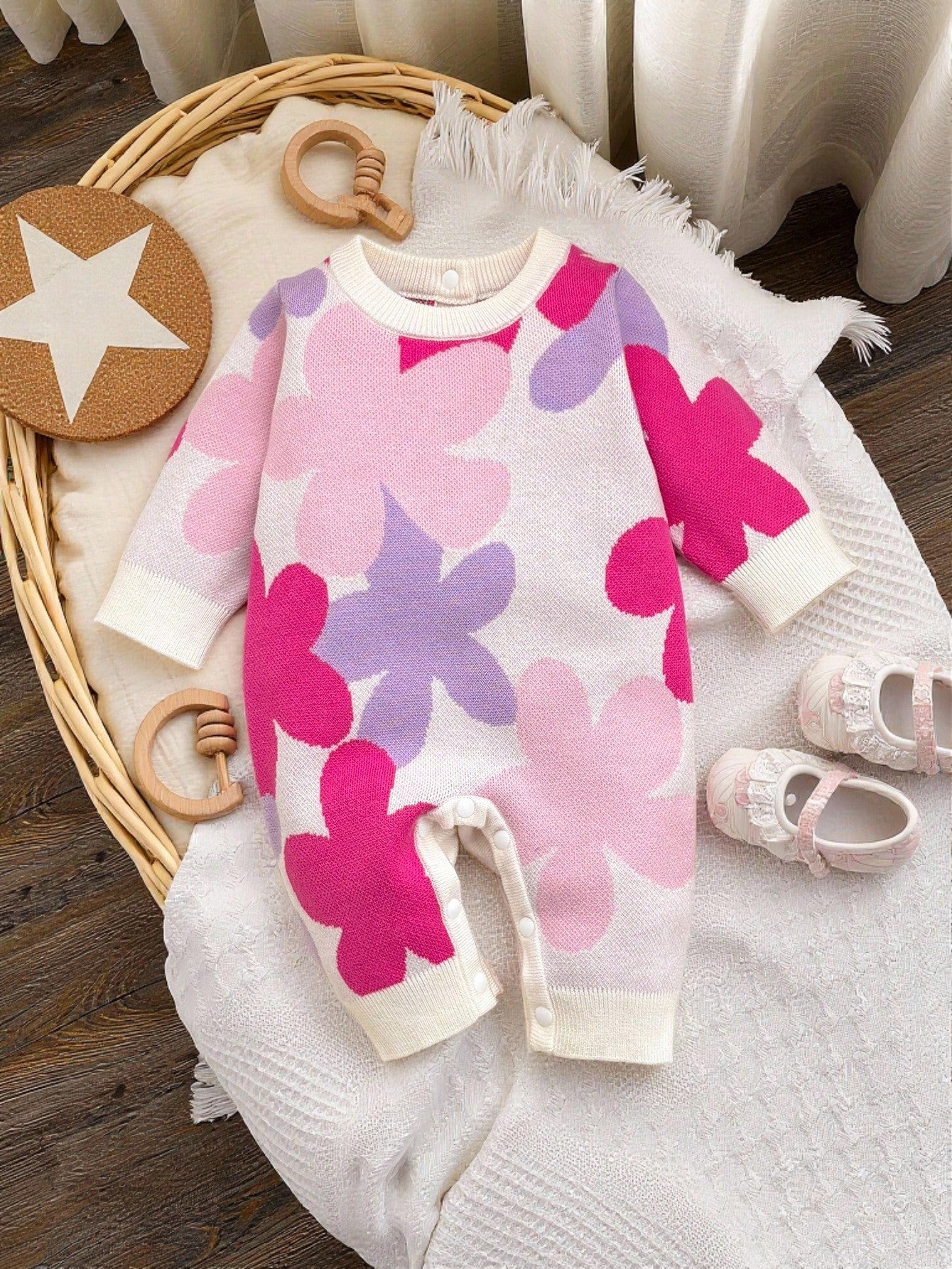 Cute Baby Girls Floral Applique Long Sleeve Romper,Soft Autumn Off-White Jumper For Matching Family,Newborn Toddler Christmas Halloween Outfit,Pink