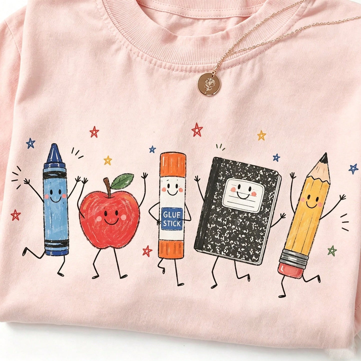 Cute Cartoon School Supplies Graphic Tee Preppy Teacher Student T-Shirt Kindergarten Back To School Top Smiling Apple Crayon Pencil Graphic Clothes