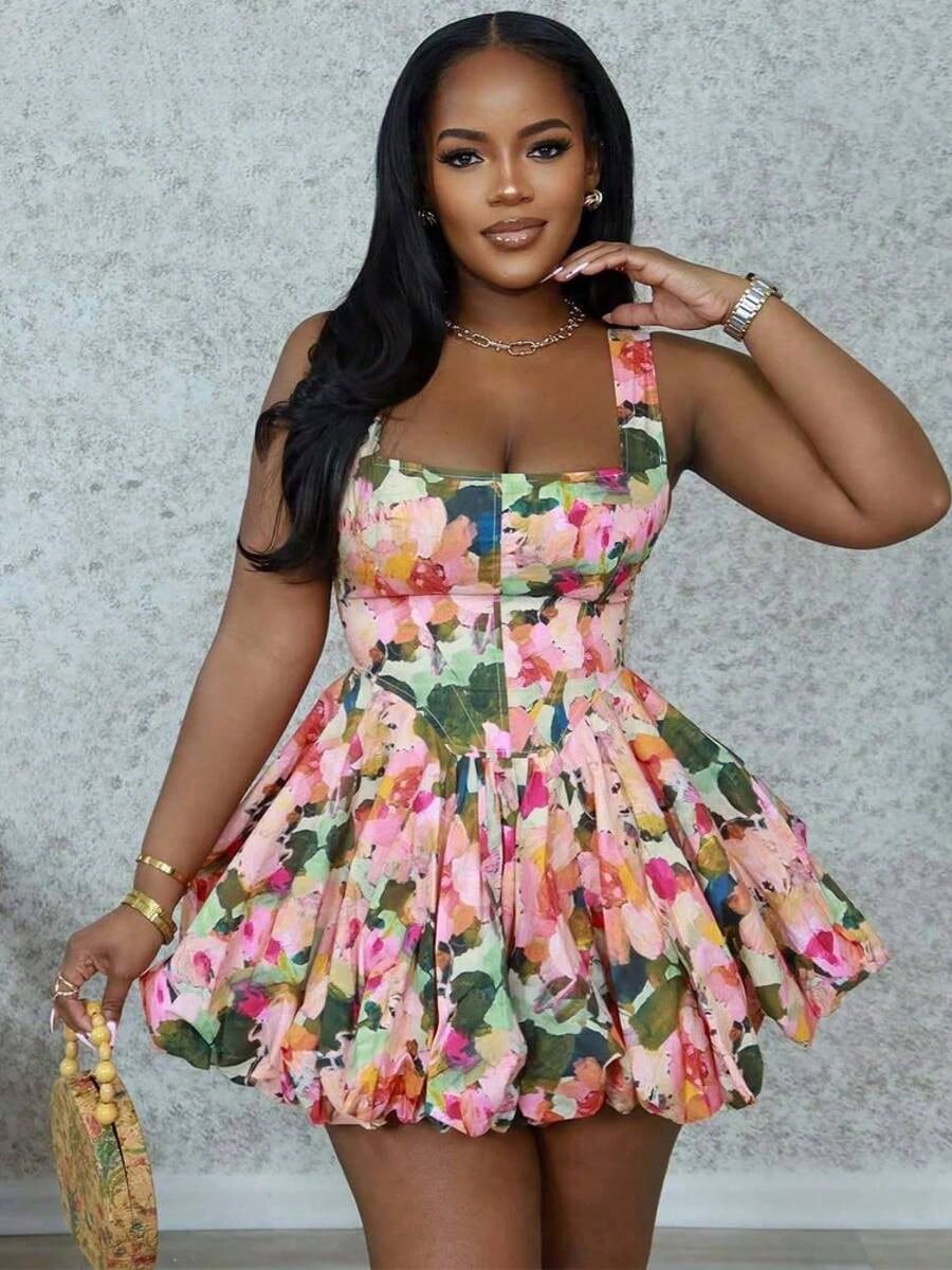 Dresses For WomenStylish U Neck Floral Bubble Hem Mini Dress Summer Sundress Chic Women's Sleeveless Flower Short Dress Vacation FitsLoose And Comfor
