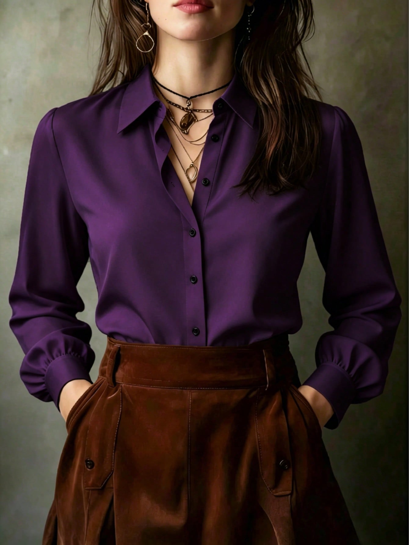 Elegant Solid Color Women's Long Sleeve Shirt, Versatile Casual Blouse For All Seasons