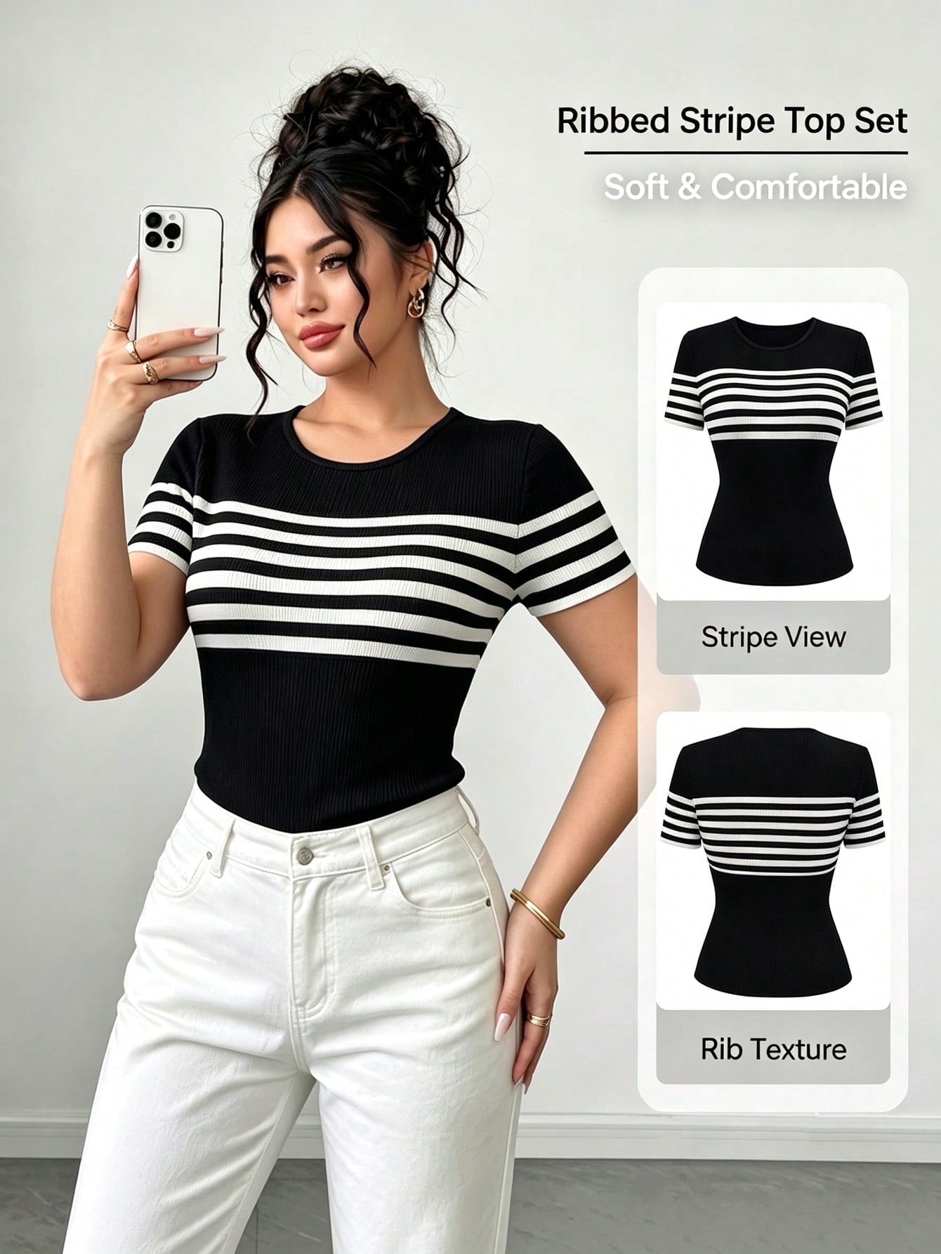 Elenzga Plus Size Summer Casual Striped Short Sleeve T-Shirt
