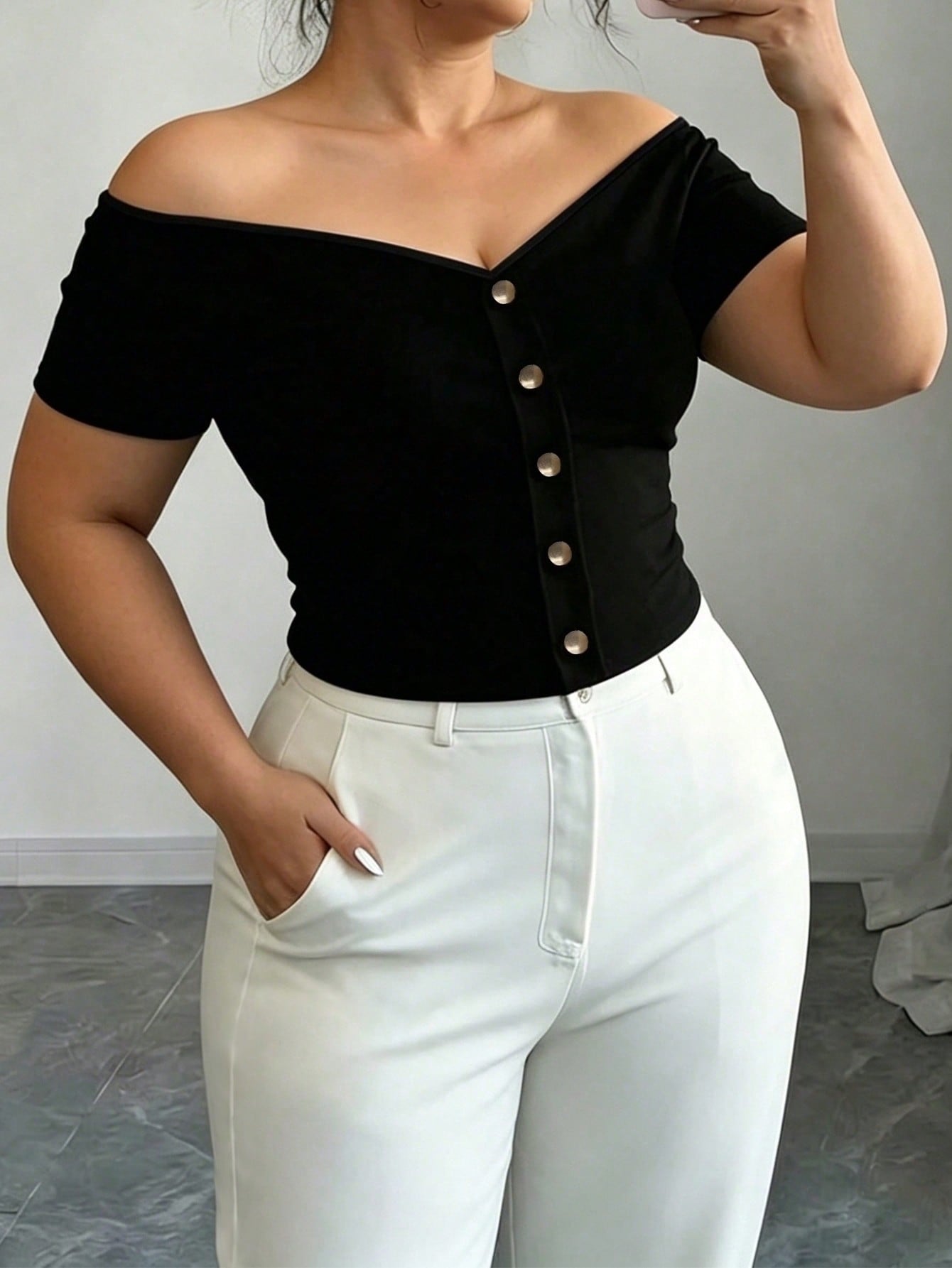 Elenzga Plus Size Women Solid Color One Shoulder Single-Breasted Short Sleeve Fashion T-Shirt