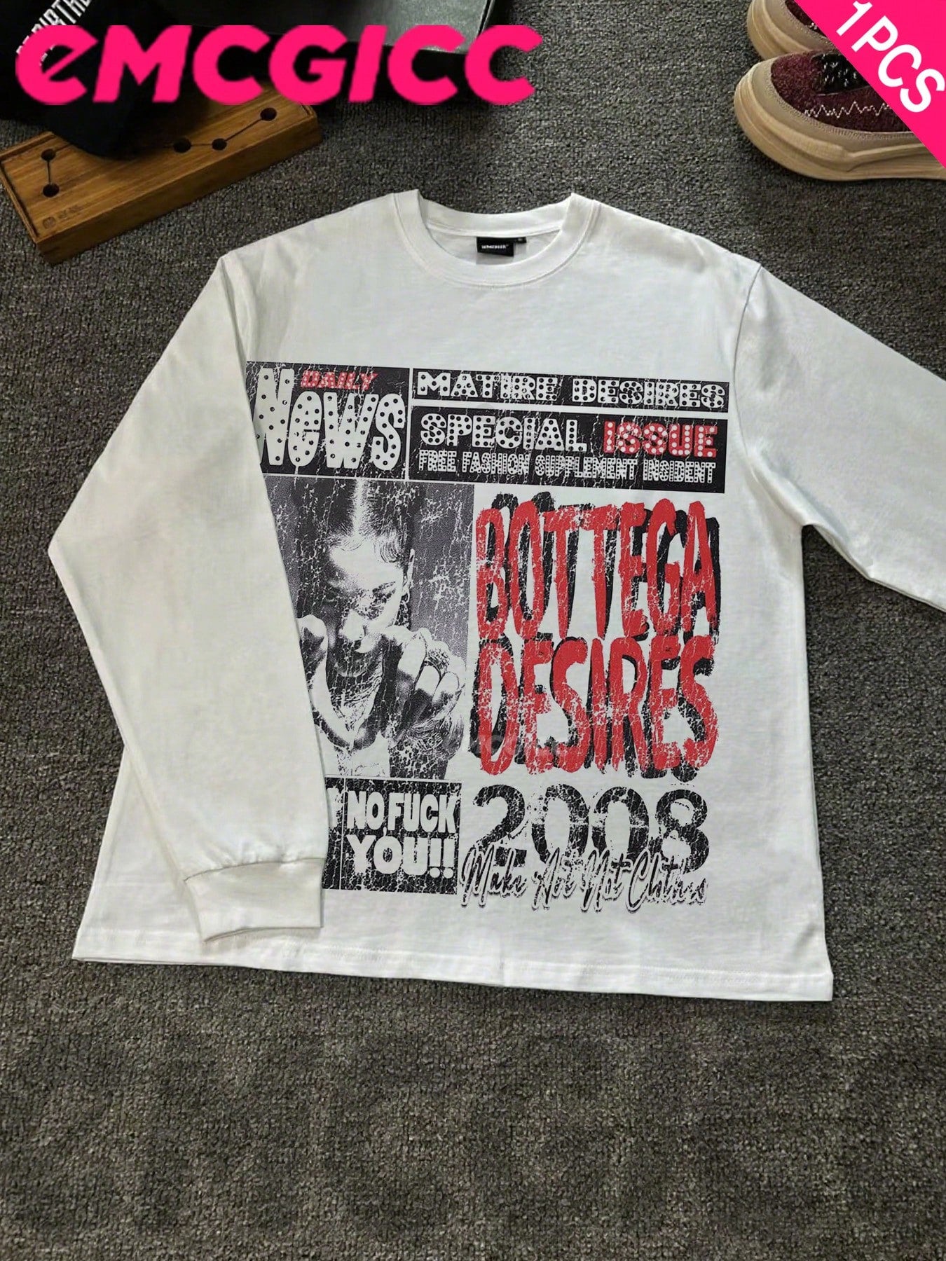 EMCGICC Y2k Long Sleeve Shirt, Urban Art Punk Graphic T-Shirt Cotton,Hip Hop Men's Fun Vintage Shirt, Regular Fit, Motocore Street, Digital Print, Ideal Gift
