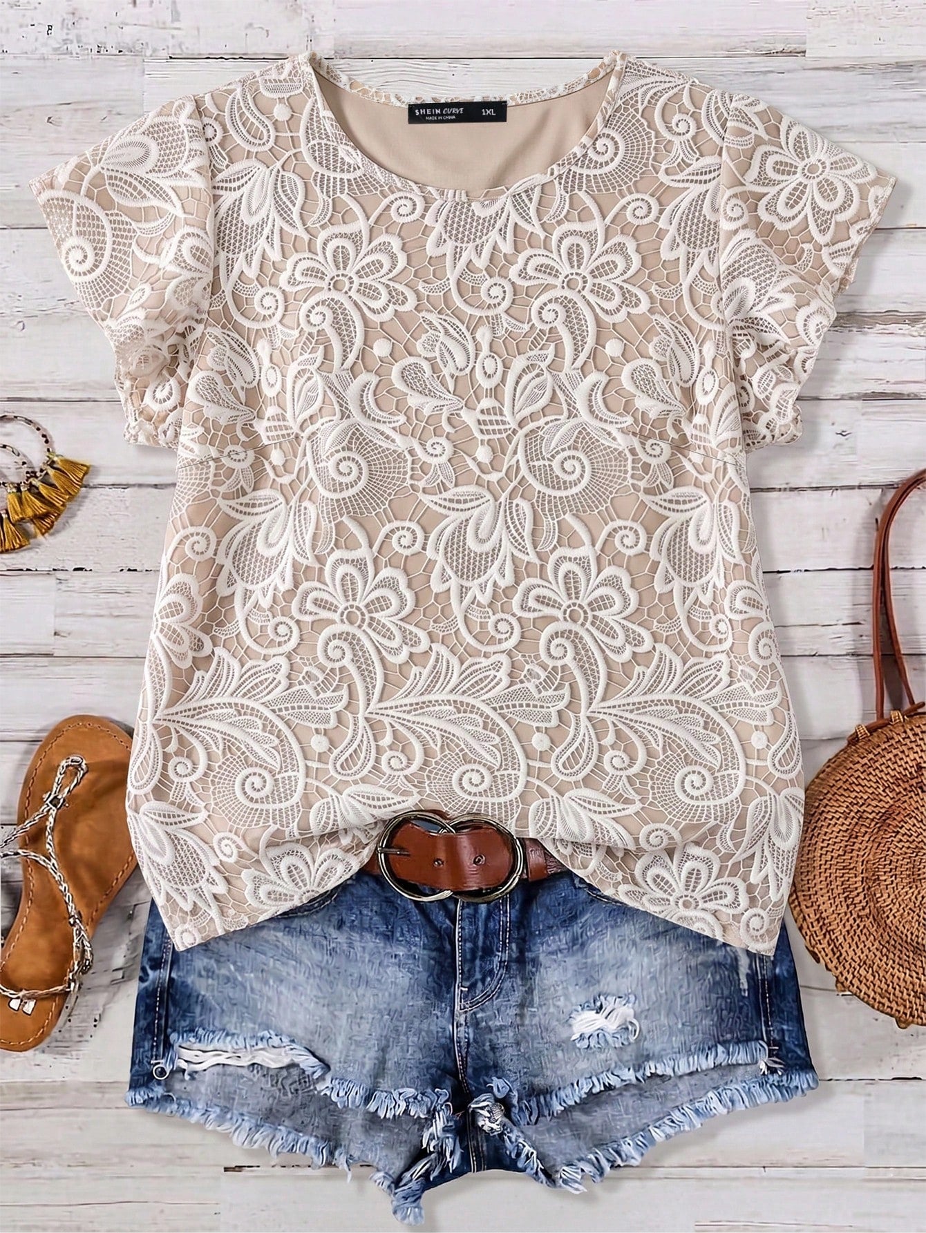 EMERY ROSE Plus Size Summer Casual Faux Lace Print Shirt